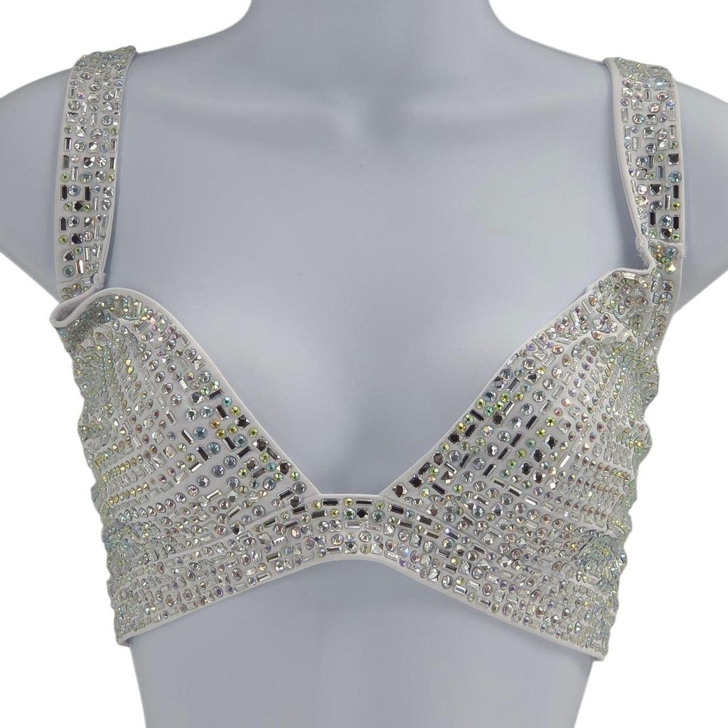 Fashion Nova White Bralet Top with Clear Glass & Iridescent Rhinestones Size XL / US 12-14 / IT 48-50 - 1 Thumbnail