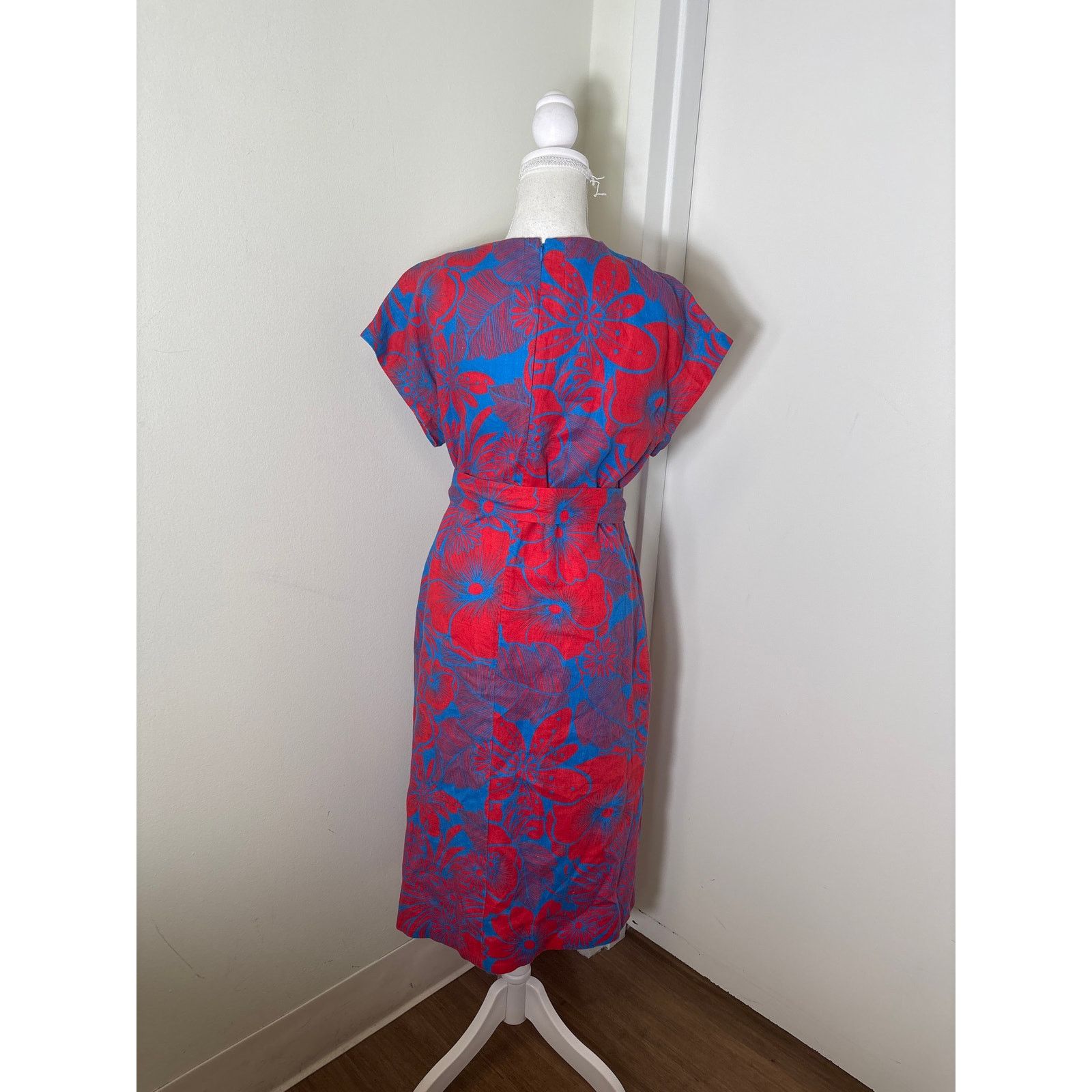 Hobbs London Hobbs Blue Red Cap Sleeve V-Neck Linen Midi Dress Sz 8 Size M / US 6-8 / IT 42-44 - 3 Thumbnail