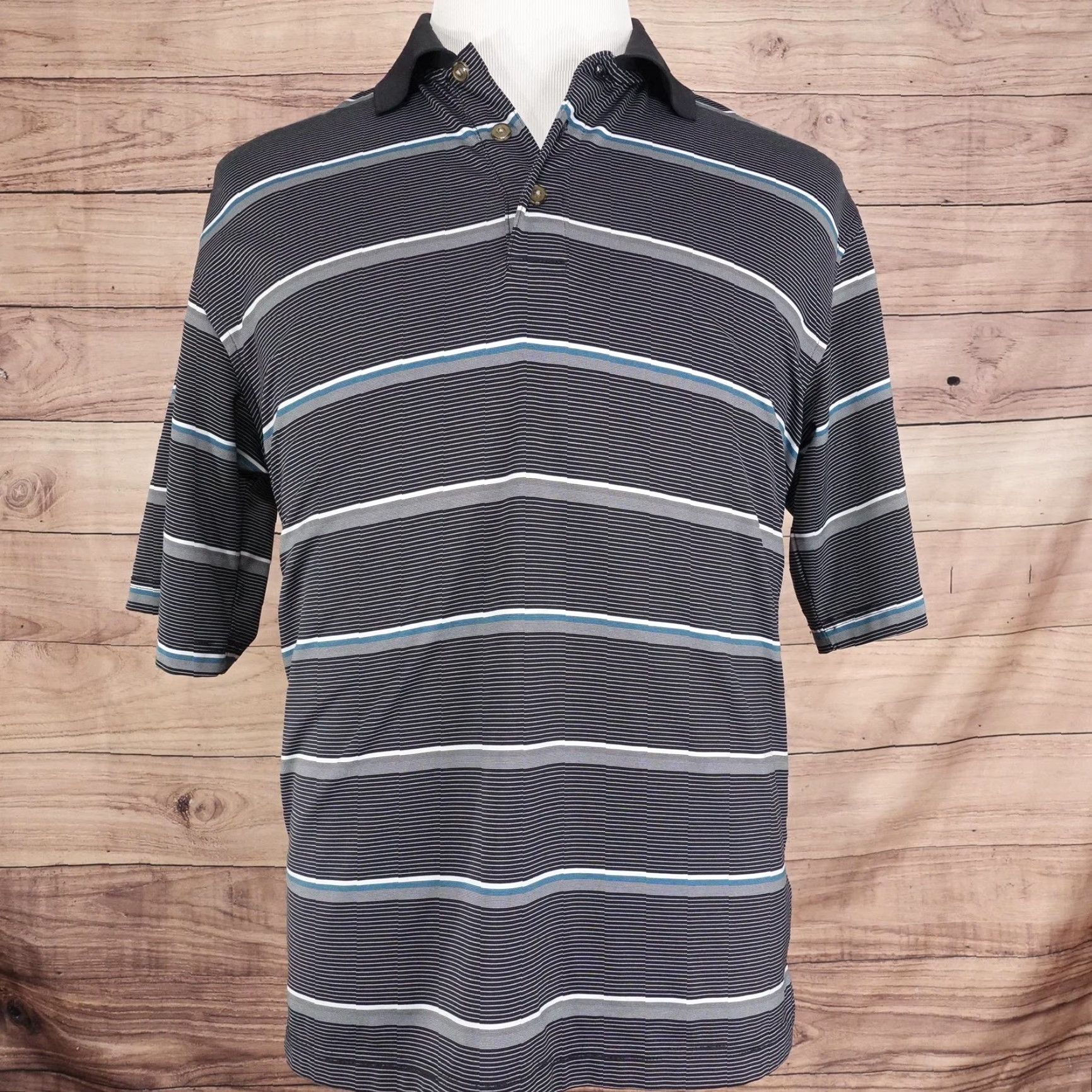 Vintage Kirkland Signature Performance Polo Shirt Mens M Black Gray Striped Short Sleeve Golf Shirt Size US M / EU 48-50 / 2 - 3 Thumbnail