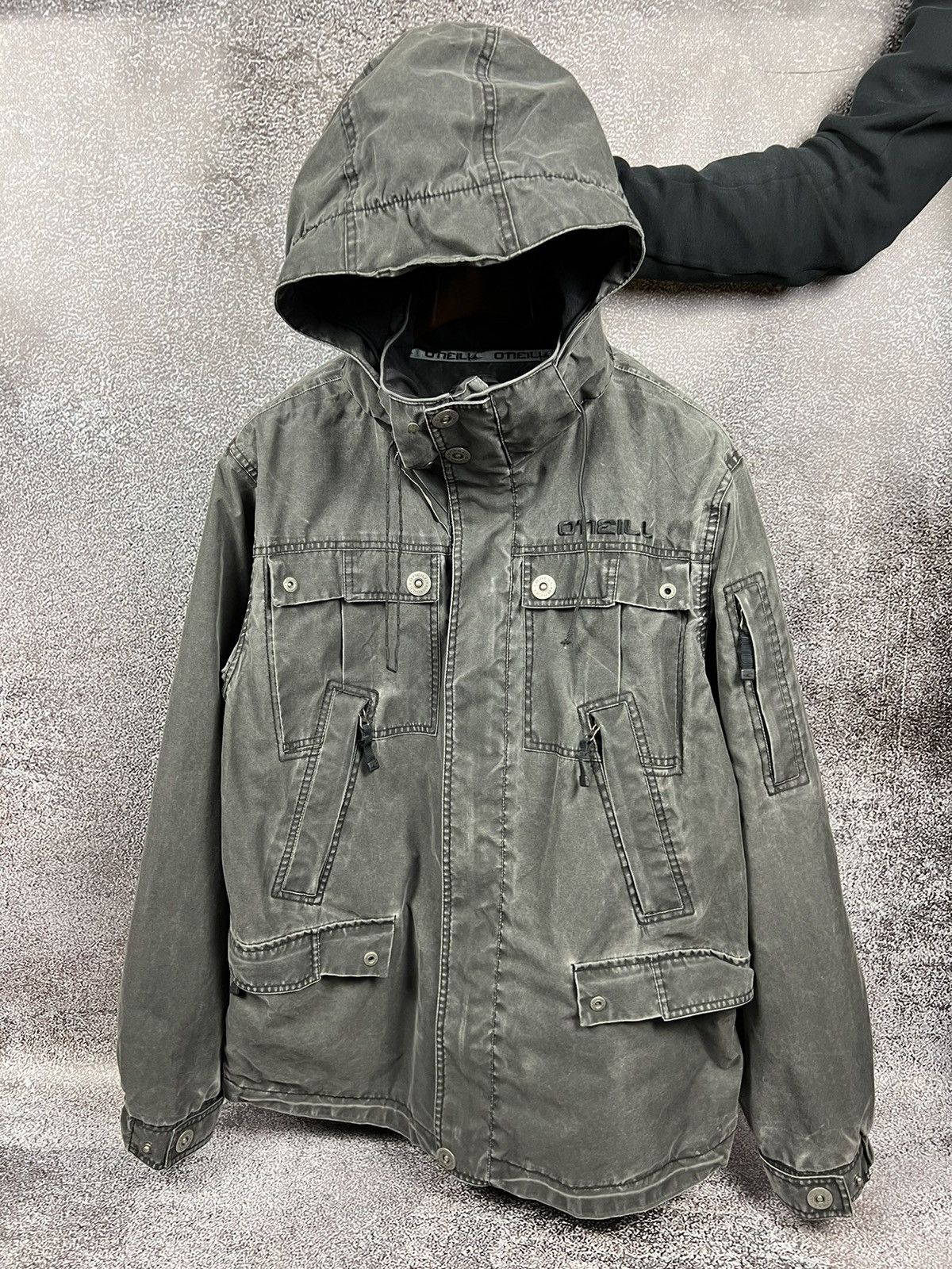 image of Oneill x Vintage Y2K O’Neill Freedom Series Fabric Washed Snowboarding Jacket in Washed Gray (Size 