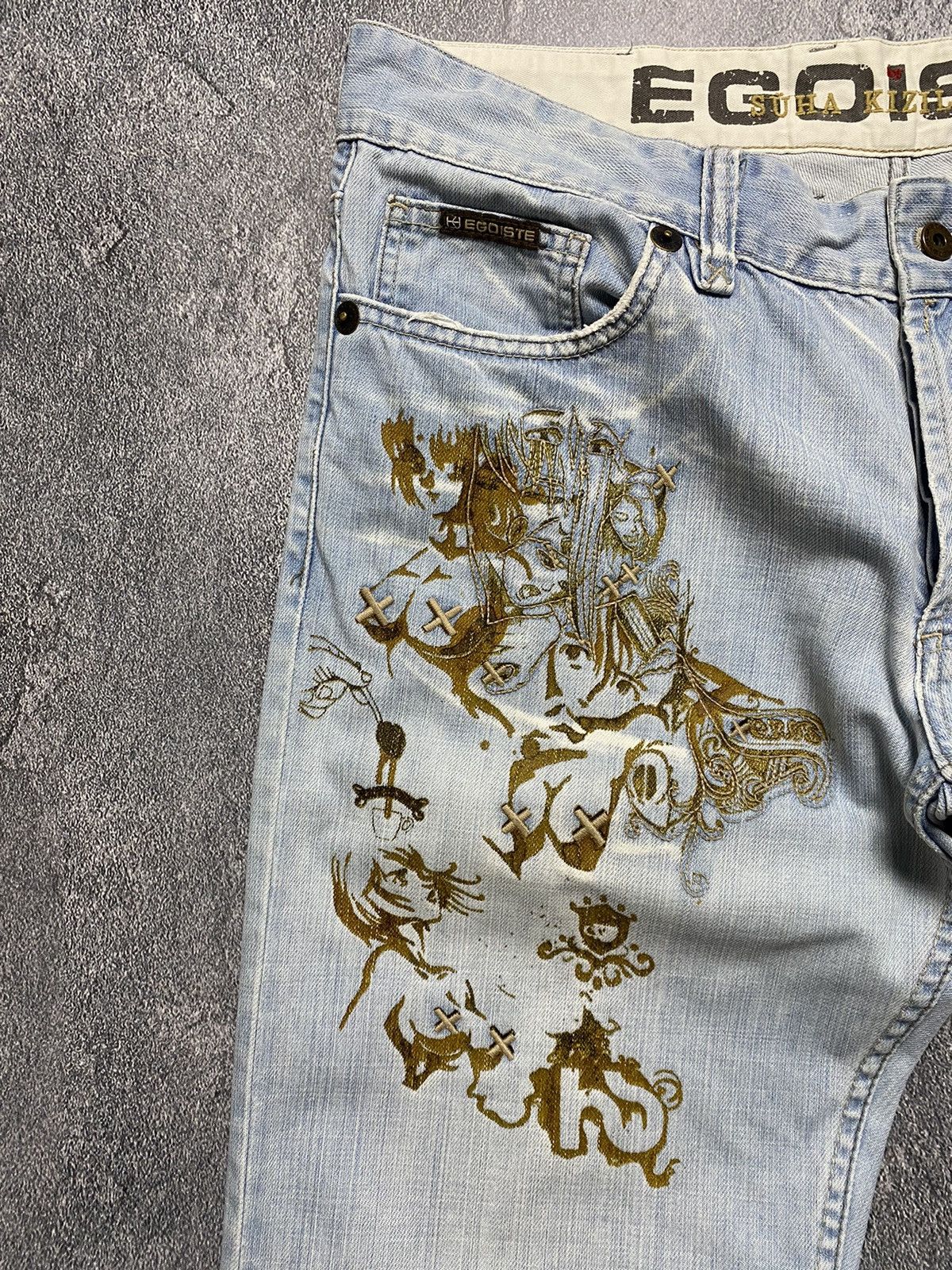 Anime × Japanese Brand Egoiste VNTG Embroidered Pulls Flare Y2K Jeans Pants Size US 34 / EU 50 - 6 Thumbnail