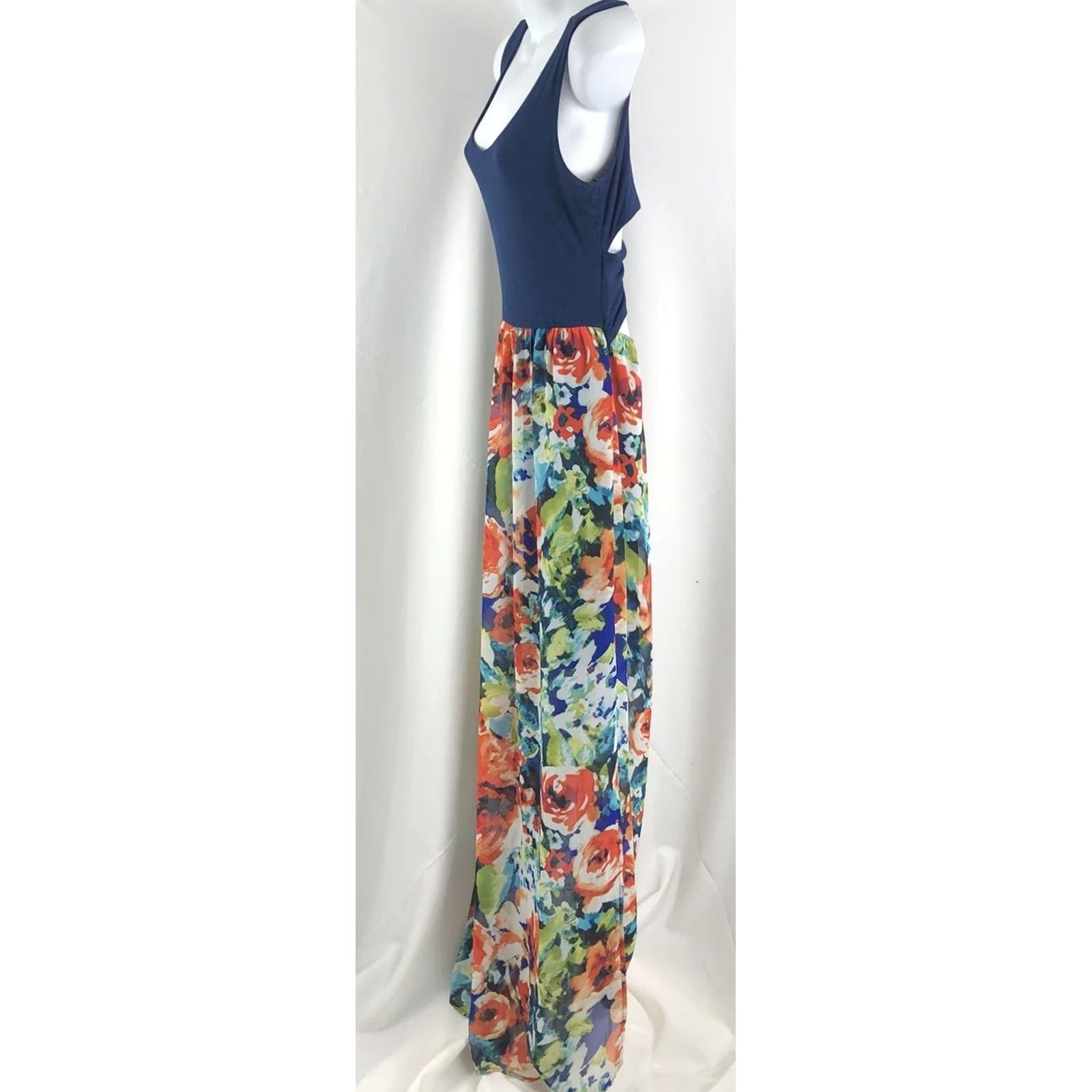 Vintage Boutique Maxi Tank Dress L Blue Floral Chiffon Crisscross Beach Sun Dress Size L / US 10 / IT 46 - 2 Thumbnail