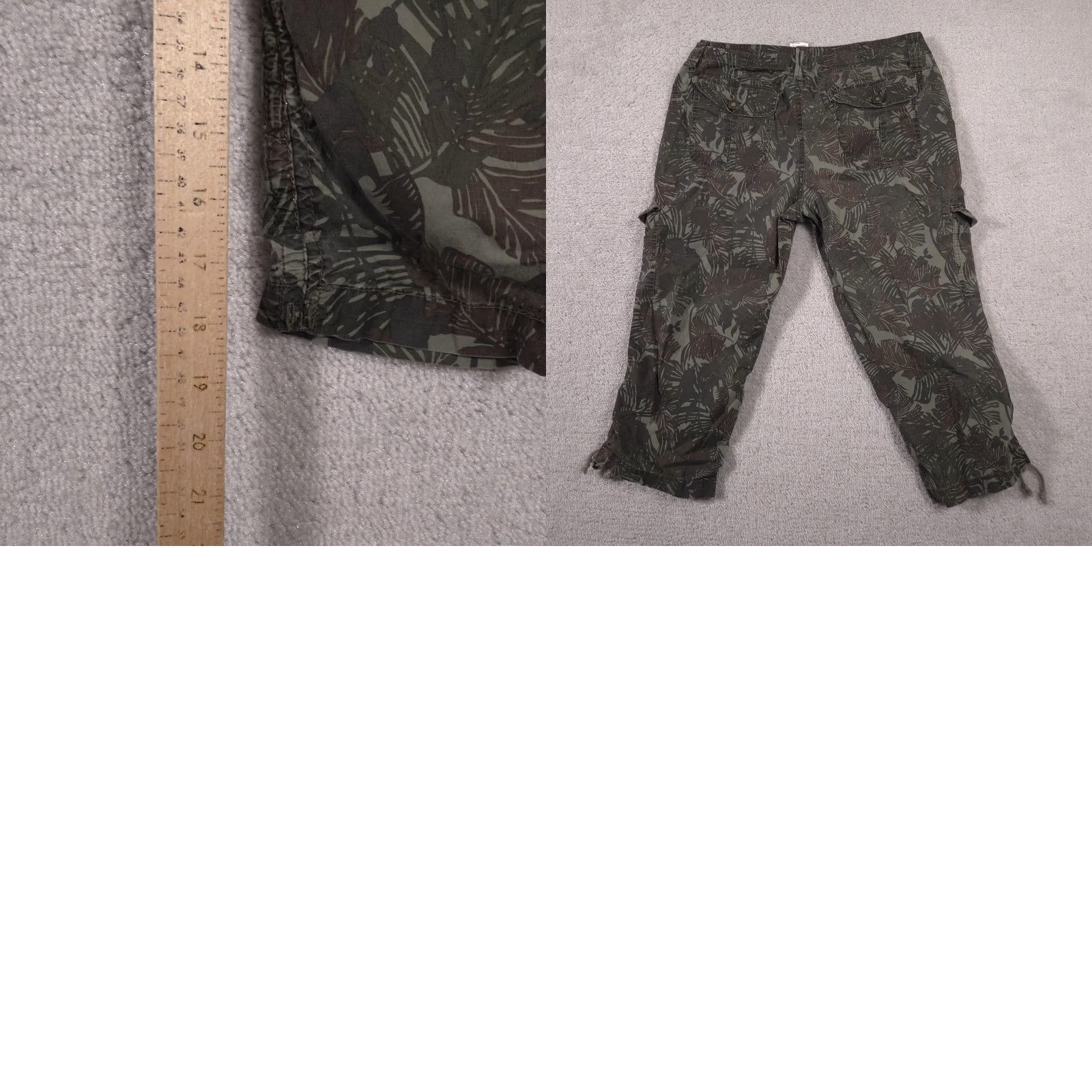 Vintage No Boundaries Cargo Capri Pants Womens 11 Darkest Olive Camo Drawstring Stretch Capris Size 32" / US 10 / IT 46 - 9 Thumbnail