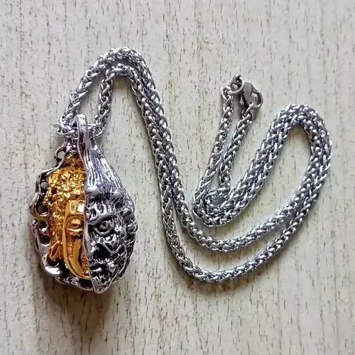 Designer × Japanese Brand Punk Rare Carved Dual Buddha Stainless Steel Silver Necklace Size ONE SIZE - 2 Thumbnail