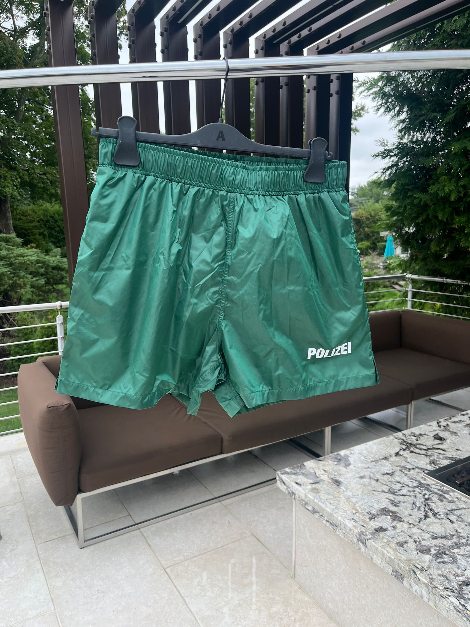 image of Vetements Polizei Logo Shorts In Green, Men's (Size 32)