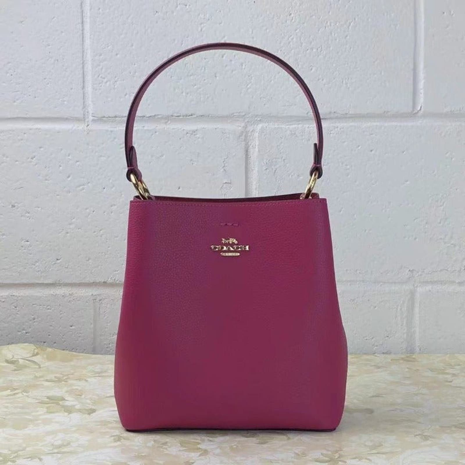 image of Coach 1011 Small Leather Town Bucket Bag In Bright Violet in Pink, Women's