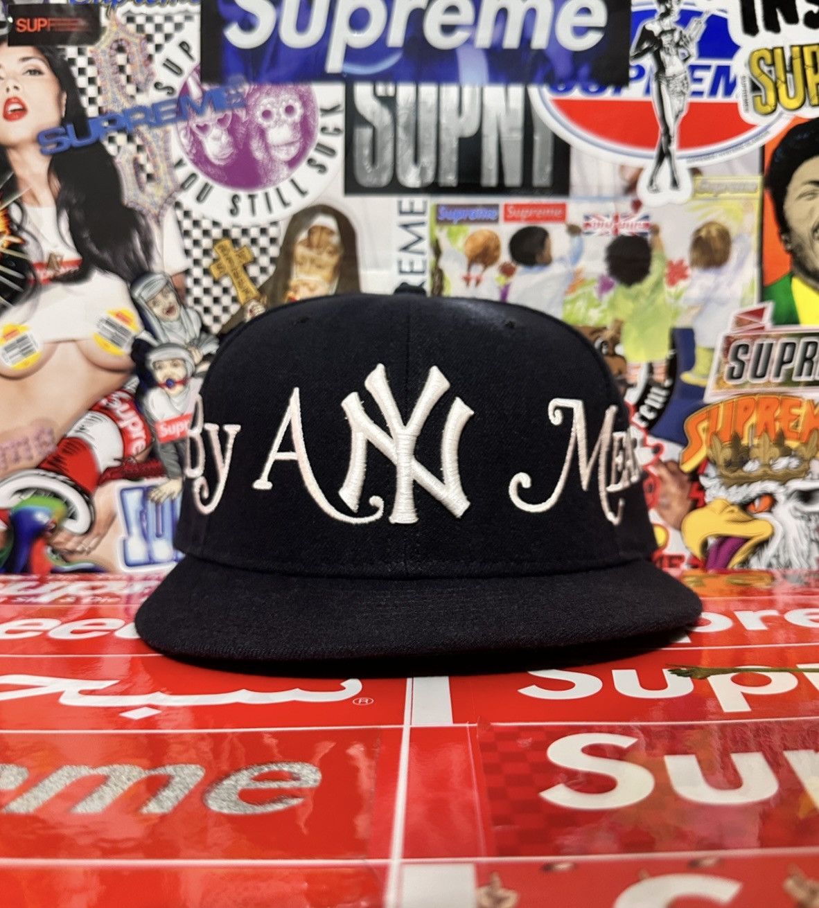 image of Ss08 Supreme New Era Ny By Any Means Fitted Hat 7 3/4 in Navy, Men's (Size 34)