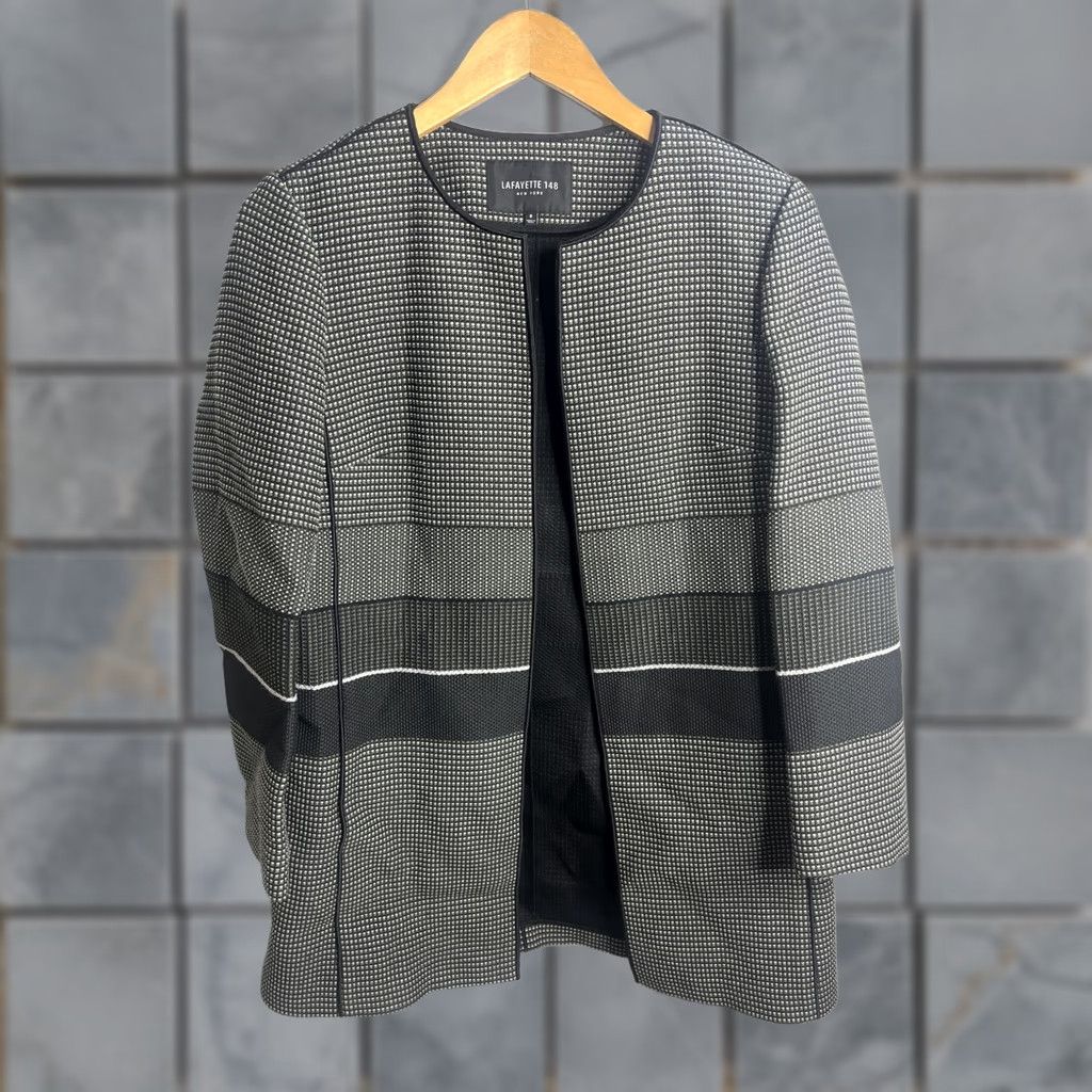 Vintage Lafayette 148 New York Blazer Womens 8 Gray Black Check Collarless Open Front Tailored Jacket Workwear Size M / US 6-8 / IT 42-44 - 1 Thumbnail