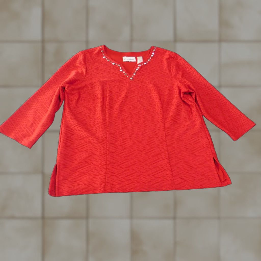 Vintage Alfred Dunner Blouse top large Red pullover embellished beads womens stretch lined Geometric Knit Beaded Casual L Regular Reds Size L / US 10 / IT 46 - 1 Thumbnail