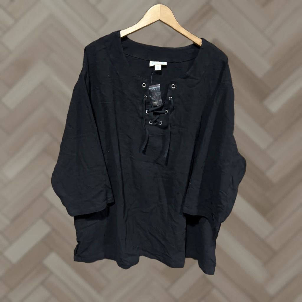 Vintage KS ISLAND Womens Blouse Tunic Shirt 4XL Black Plus Size Pockets Elastic Waist Size XXL / US 16-18 / IT 52-54 - 1 Thumbnail
