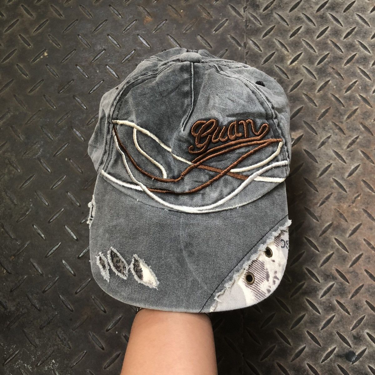 Vintage Guan Ripped Distressed Greywashed Hat Japanese Brand