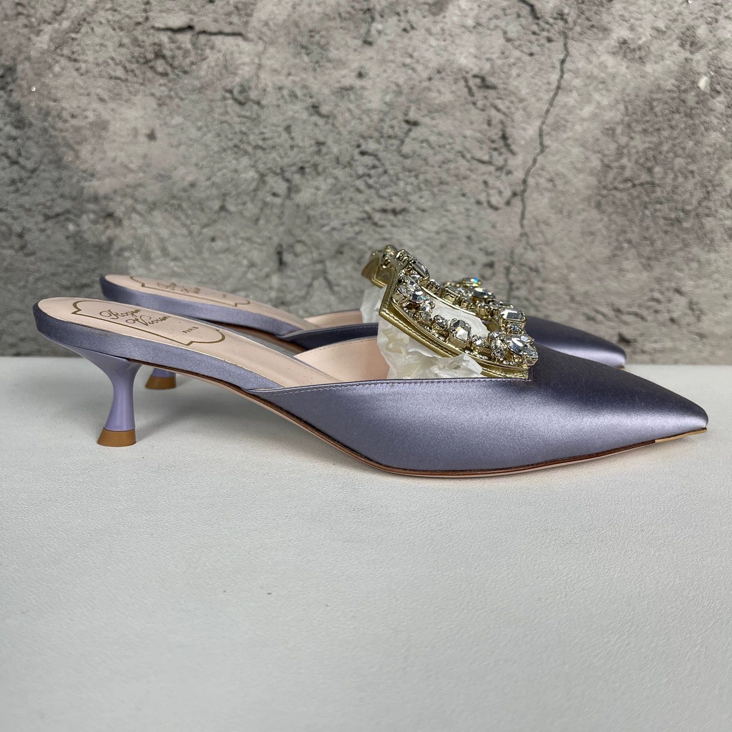 Roger Vivier RV Crystal Floral Buckle Satin Pointed Toe Heel Sandal 36.5 New Size US 6 / IT 36 - 2 Thumbnail