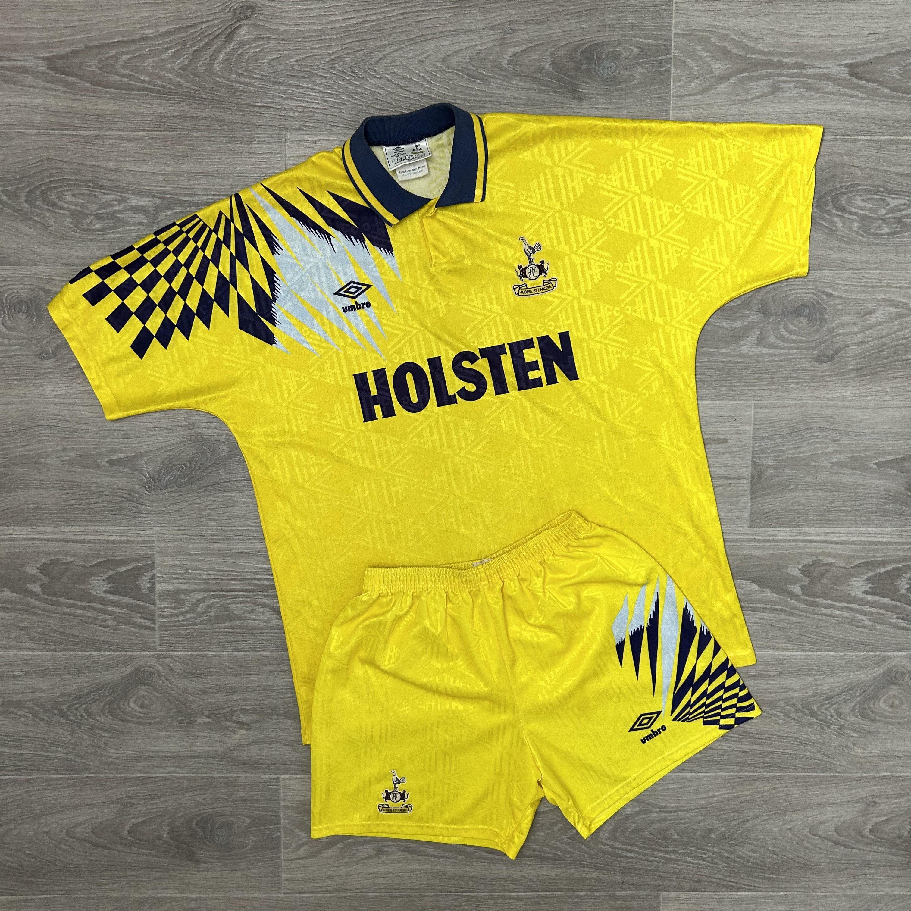 image of Vintage Umbro Tottenham 1991/95 Soccer Jersey + Shorts in Yellow, Men's (Size Large)