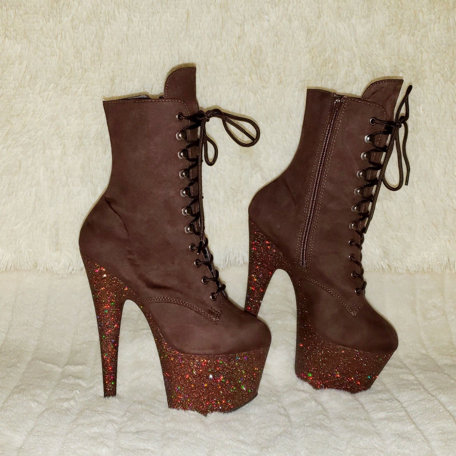 Other Adore 1020FSMG Brown Mocha V Suede & Glitter 7" High Heel Pl Size US 9 / IT 39 - 9 Thumbnail