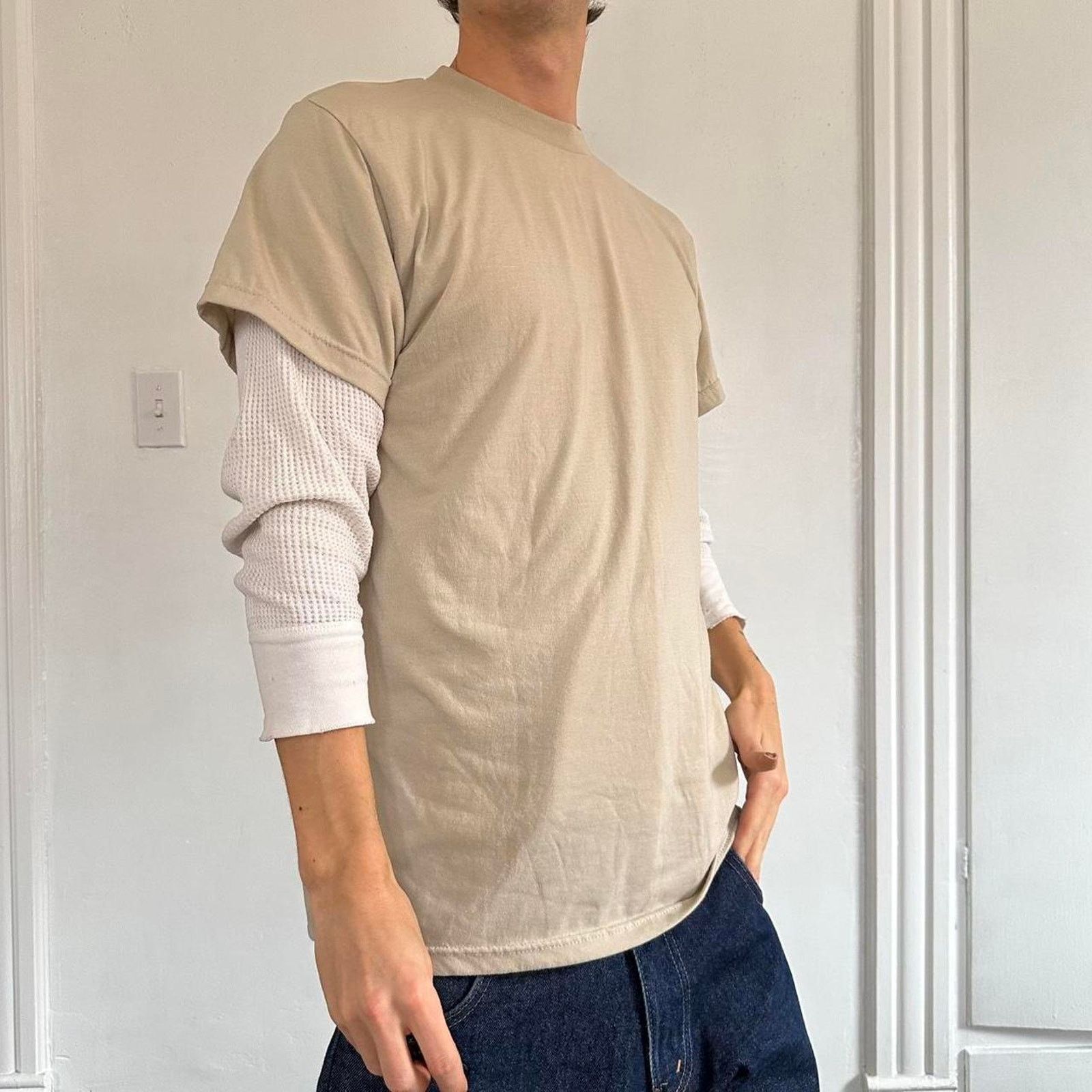 Vintage Perfect Vintage 90s Military Blank Tan Cream Basic Tee Shirt Size US M / EU 48-50 / 2 - 1 Thumbnail