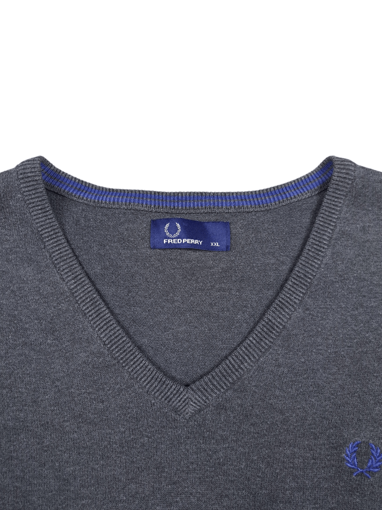 Designer × Fred Perry 💎Fred Perry Classic VNeck Jumper Grey Small Logo Sweatshirt Size US XL / EU 56 / 4 - 5 Thumbnail