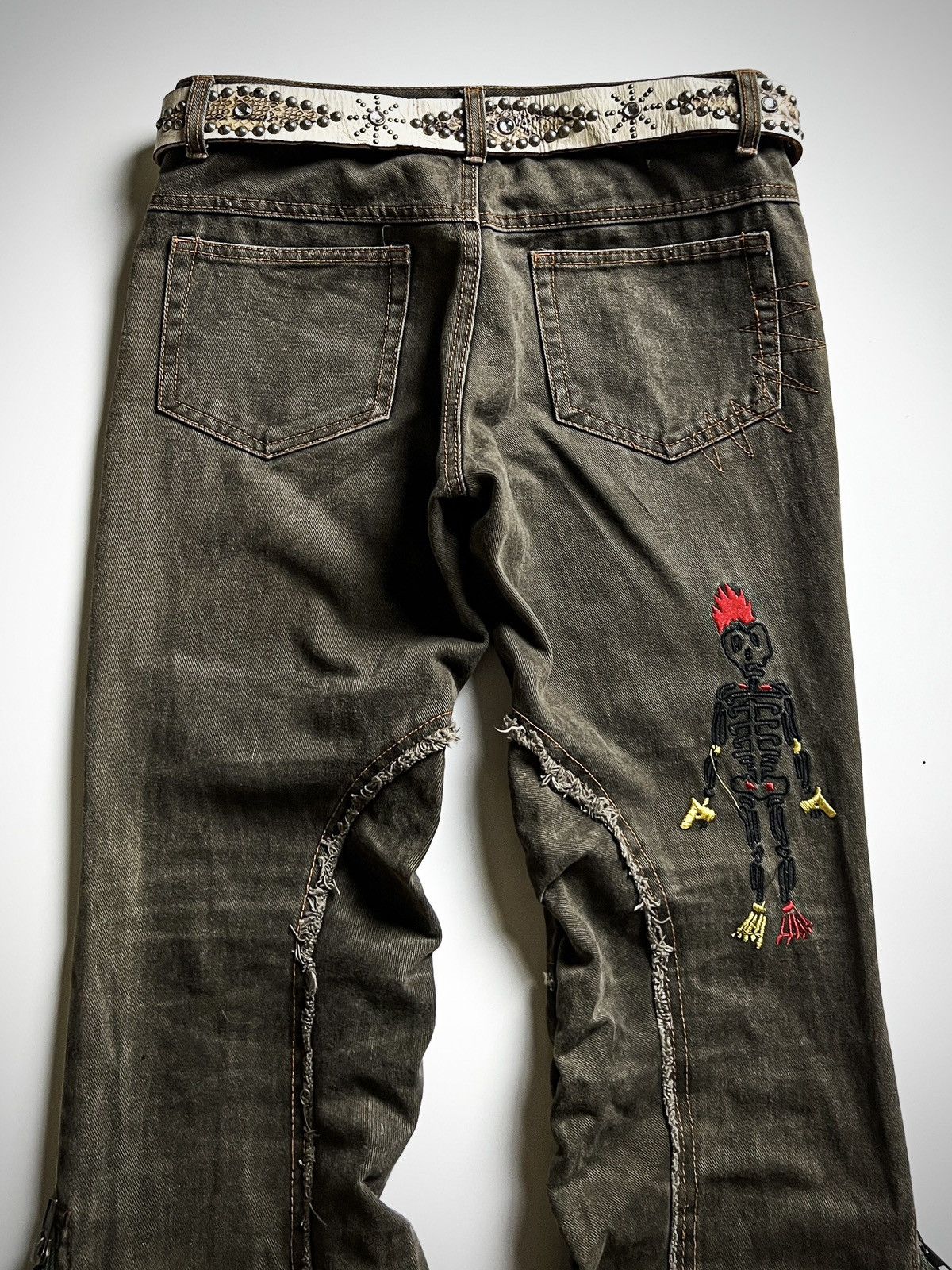 Japanese Brand Algonquins Visual Kei Mohawk Skeleton Distressed Flare Jeans Size US 31 - 12 Thumbnail