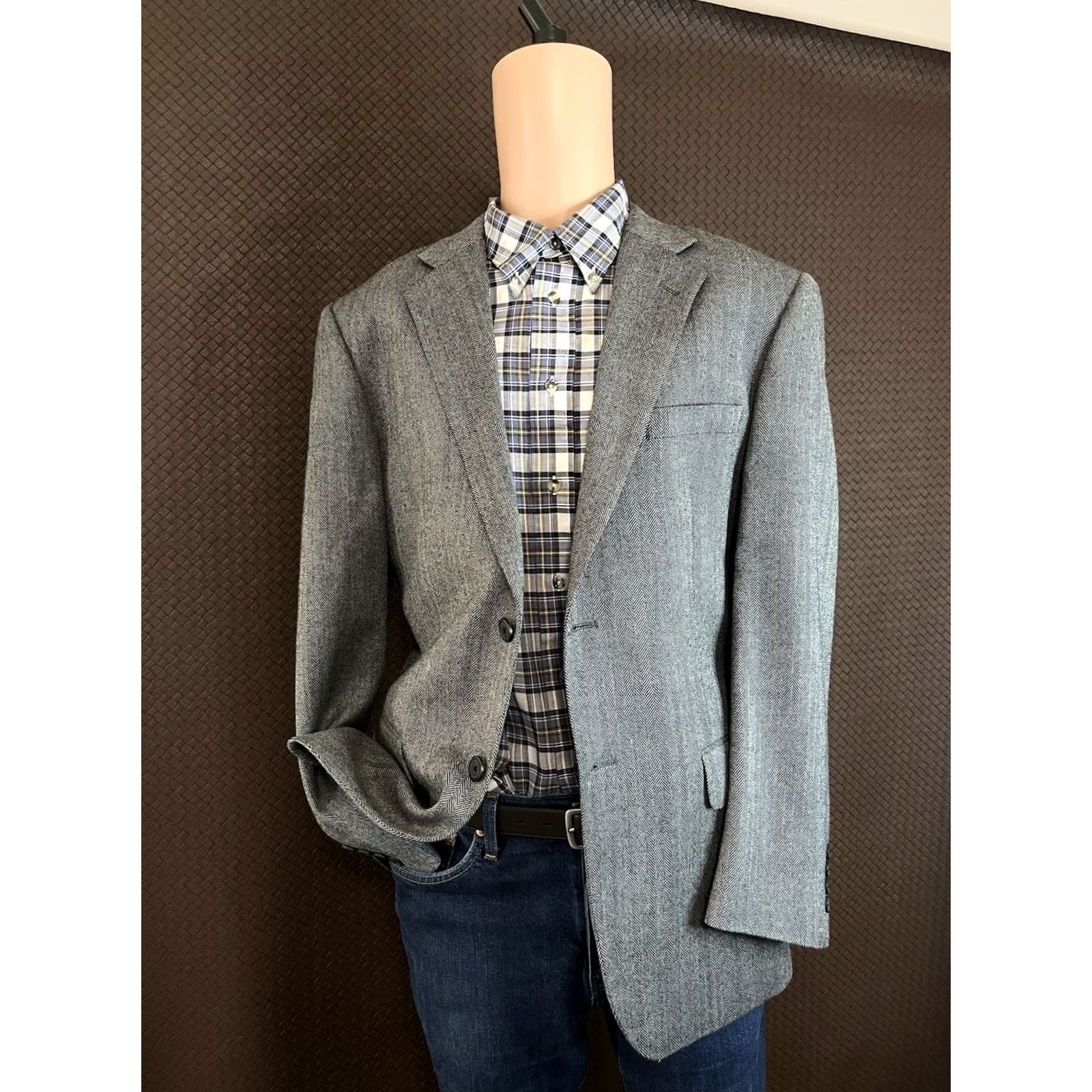 Joseph Joseph & Feiss Gold Sport Coat Blazer Mens 42R Gray Herringbone Two-Button Notch Lapel Wool Regular Chest 42 Size 42R - 2 Thumbnail