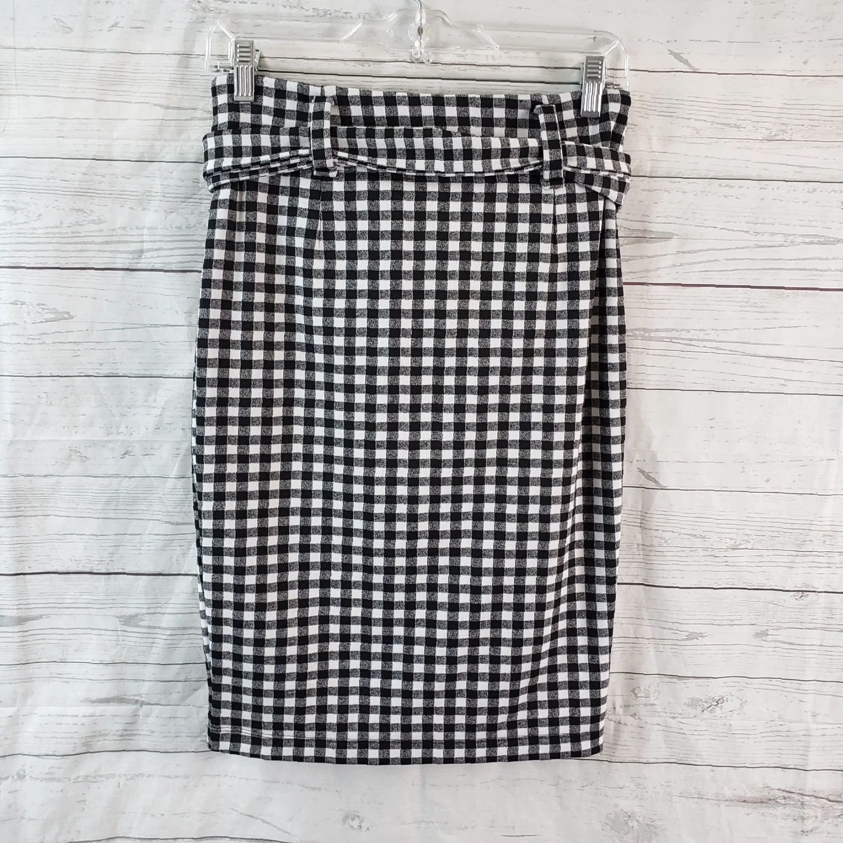 Vintage Maeve Womens Tie Waist Pencil Skirt Sz Small Black White Gingham Contrast Check Knee Length Size 28" / US 6 / IT 42 - 2 Thumbnail
