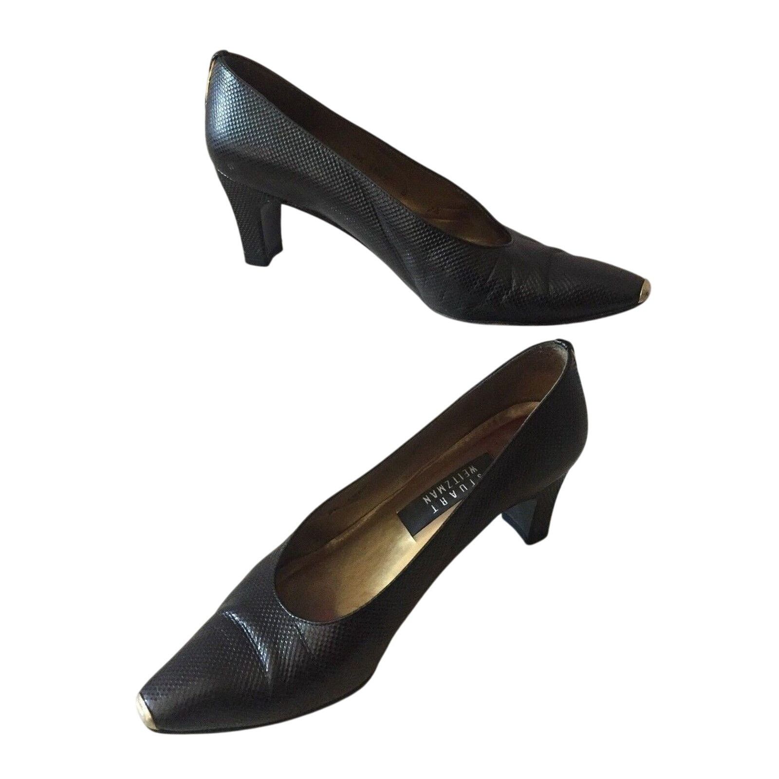 Stuart Weitzman Stuart Weitzman Black Textured Shoe Pump Metal Toe Rand Cap Size US 7.5 / IT 37.5 - 4 Thumbnail