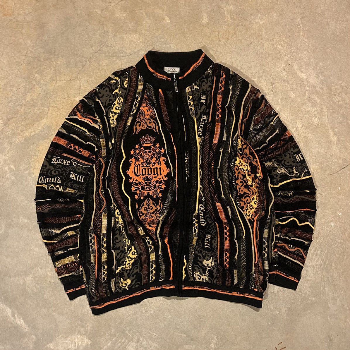 image of Coloured Cable Knit Sweater x Coogi Crazy Vintage 90's Coogi 3D Knit Baggy Zip Up Sweater in Black 