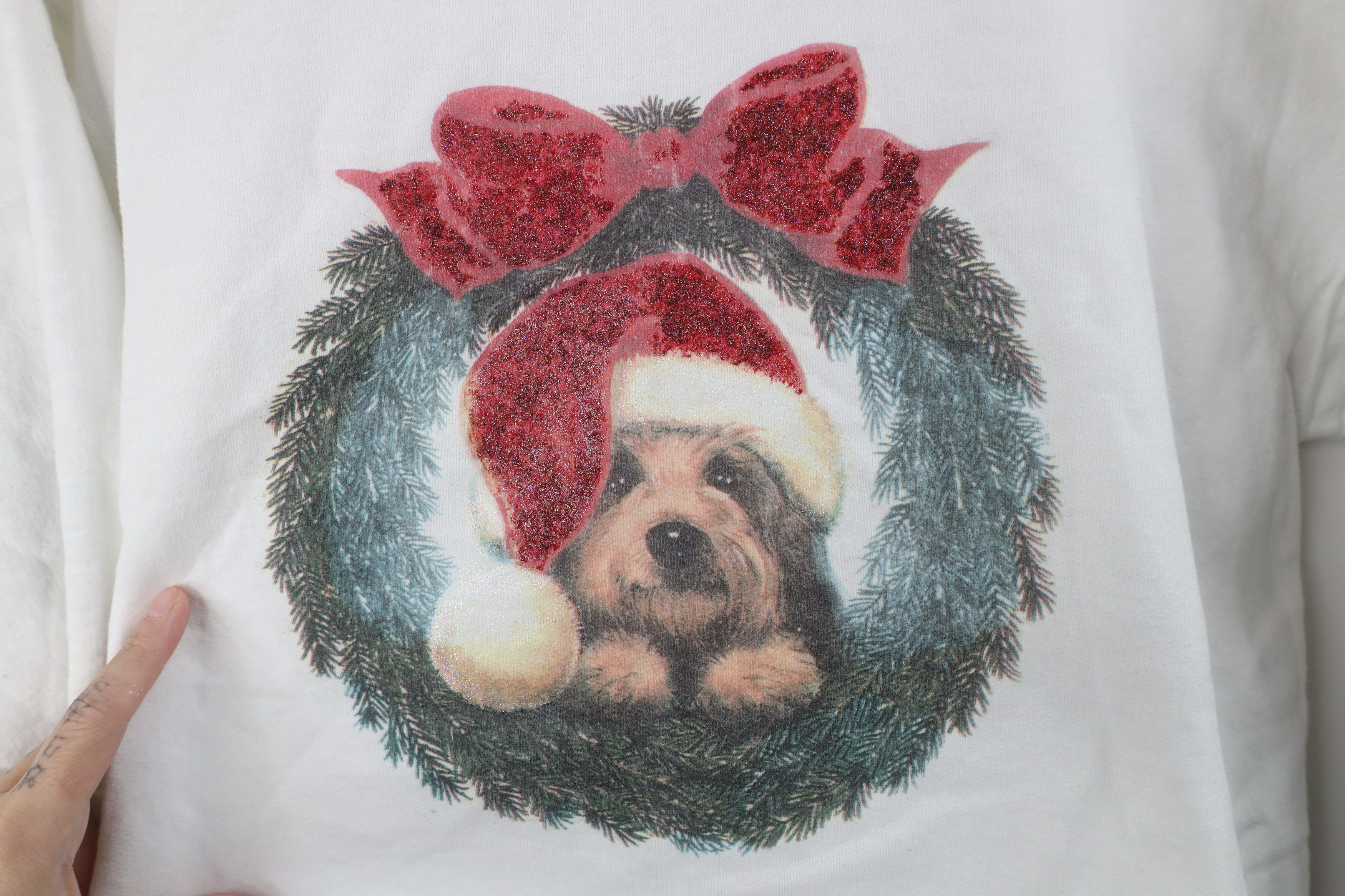 Vintage Vintage 90s Dog Puppy Christmas Wreath Sweatshirt White Size M / US 6-8 / IT 42-44 - 4 Thumbnail