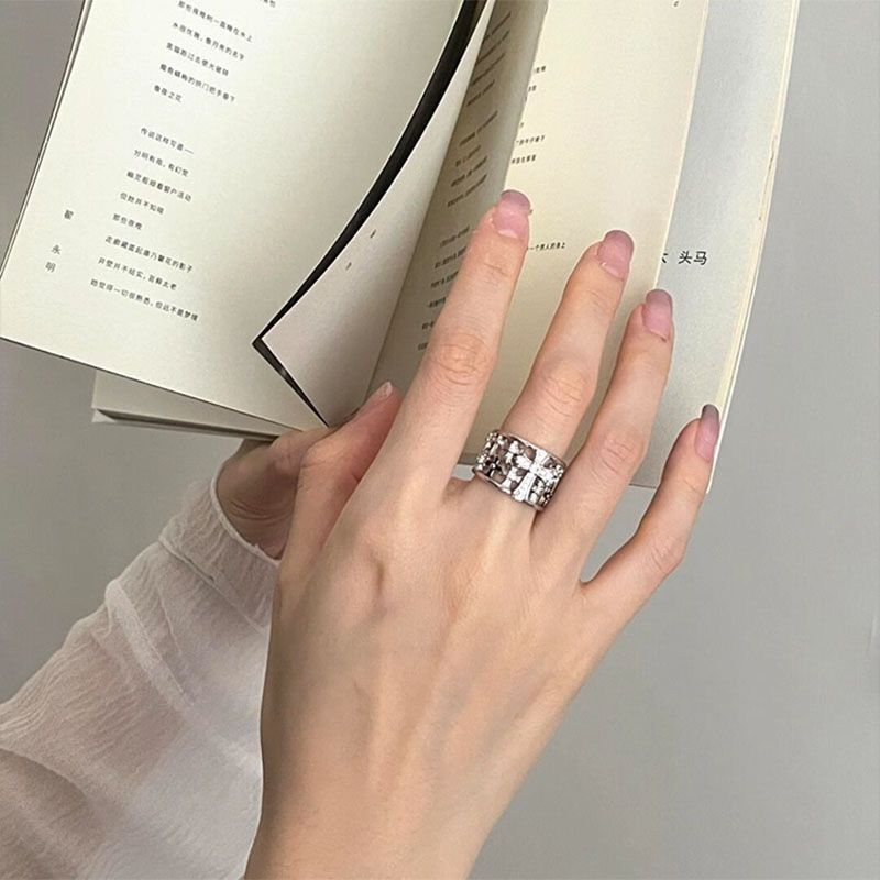Other Dark Gothic Cross Zircon Ring – Punk Hollow Wide-Band Size ONE SIZE - 2 Thumbnail