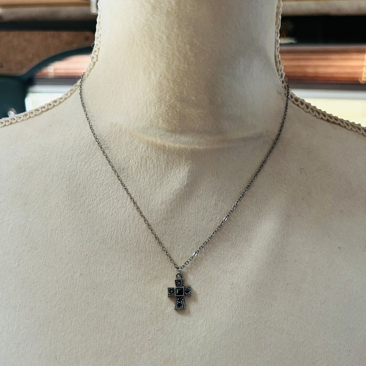Handmade Handcrafted marcasite tone glass stone cross necklace Size ONE SIZE - 3 Thumbnail