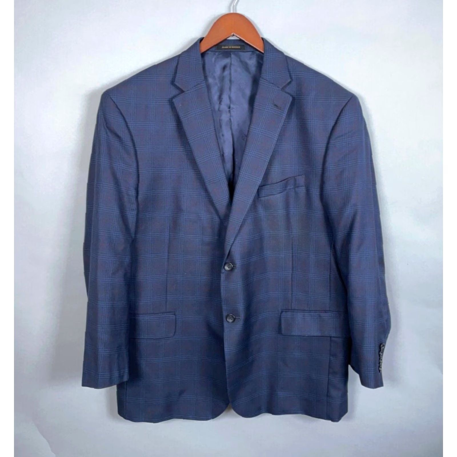 Jos. A. Bank VINTAGE Jos. A. Bank Wool Silk 2-Button Suit Jacket Men's 48 Regular Blue Plaid Check Classic Size 48R - 2 Thumbnail