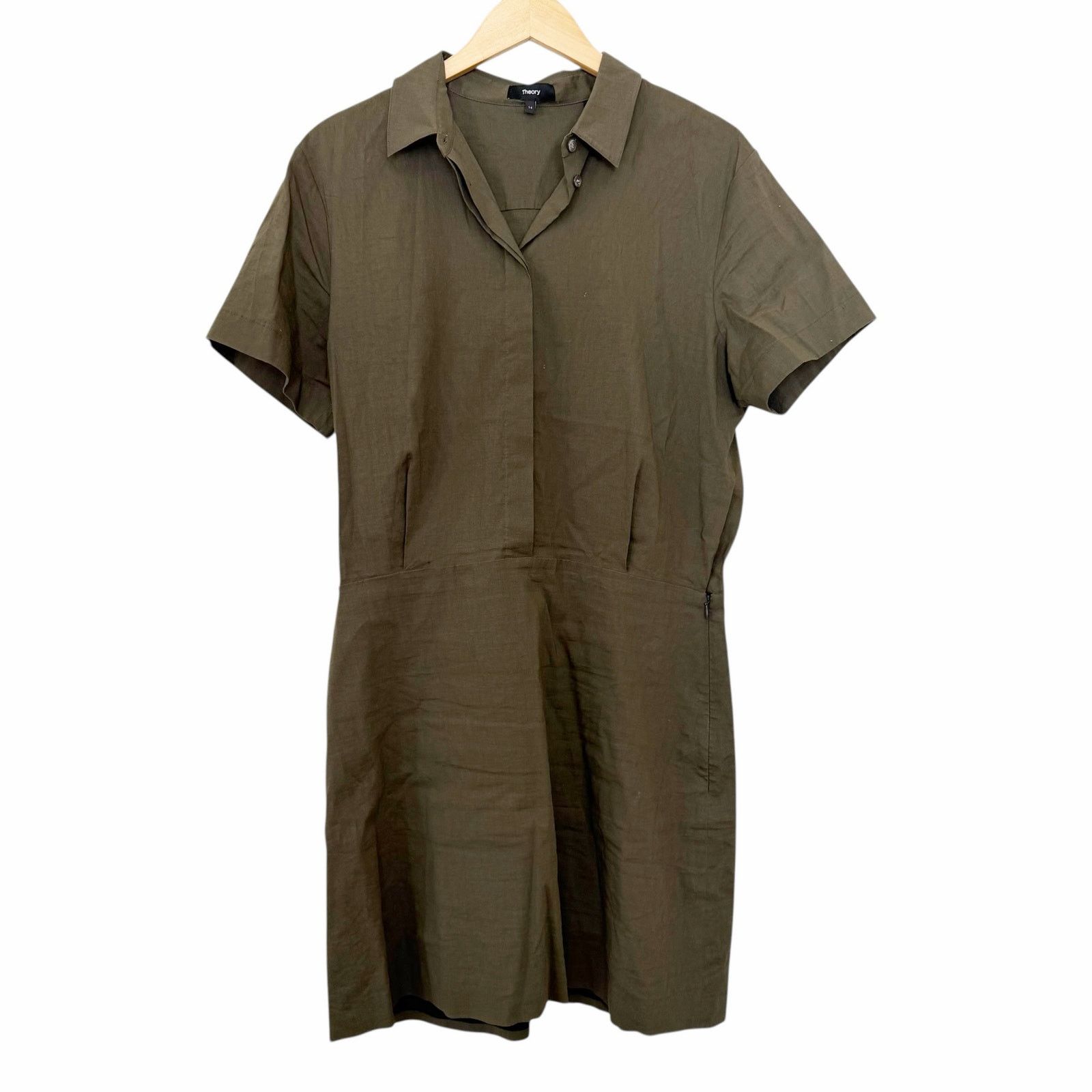 Theory Theory Green Linen Blend Short Sleeve Shirt Dress Sz 14 Size XL / US 12-14 / IT 48-50 - 1 Thumbnail