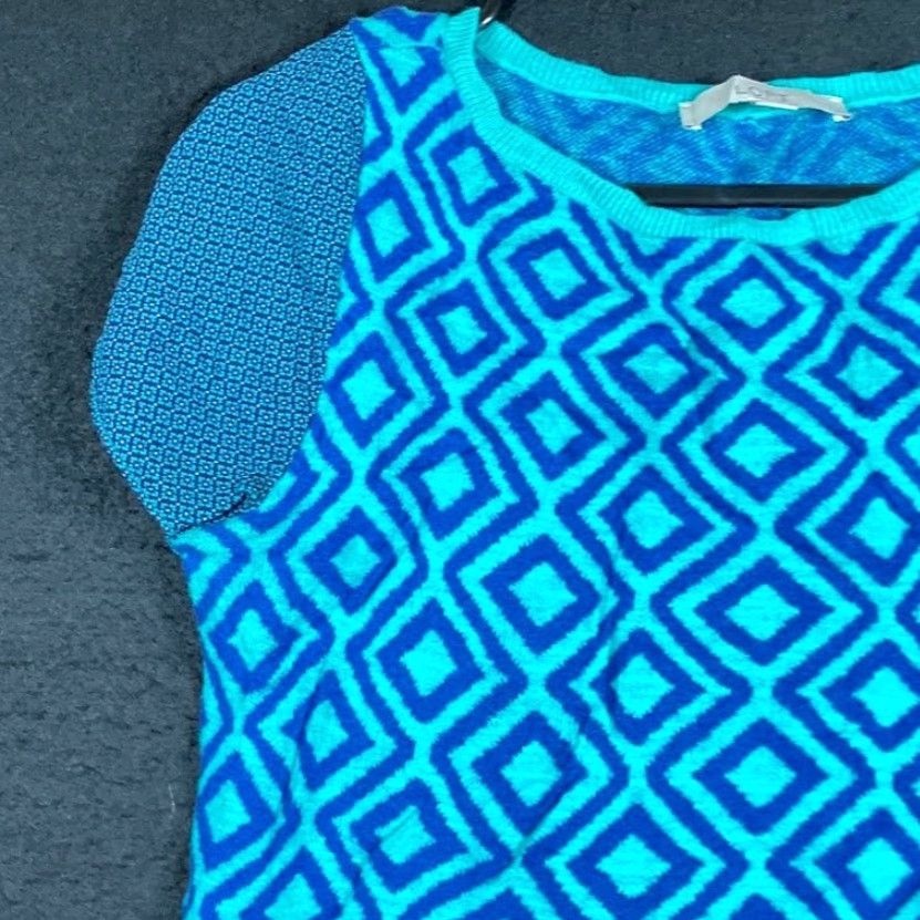 Ann Taylor VINTAGE Ann Taylor LOFT Womens Shirt Turquoise Geometric Diamond Cap Sleeve Modal S Size S / US 4 / IT 40 - 4 Thumbnail