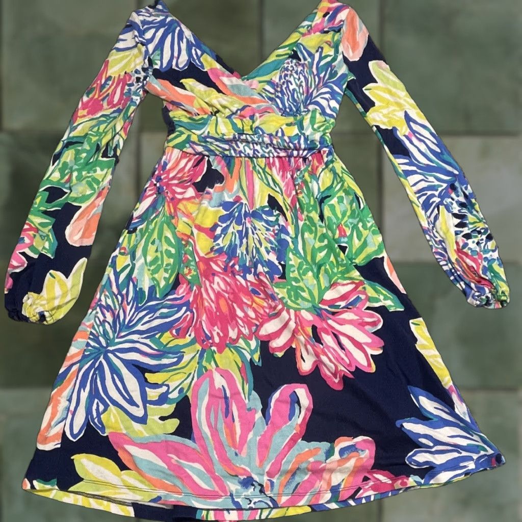 Lilly Pulitzer Lilly Pulitzer Fleur Resort Navy Travelers Palm Print Knit Dress XXS Women Shift V-Neck Short Multicolor - Lilly Pulitzer Size XXS / US 00 / IT 34 - 1 Thumbnail