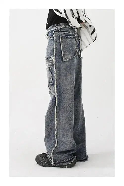 Japanese Brand × Jean Rough Edge Straight Tube Splicing Jeans men Size US 32 / EU 48 - 3 Thumbnail