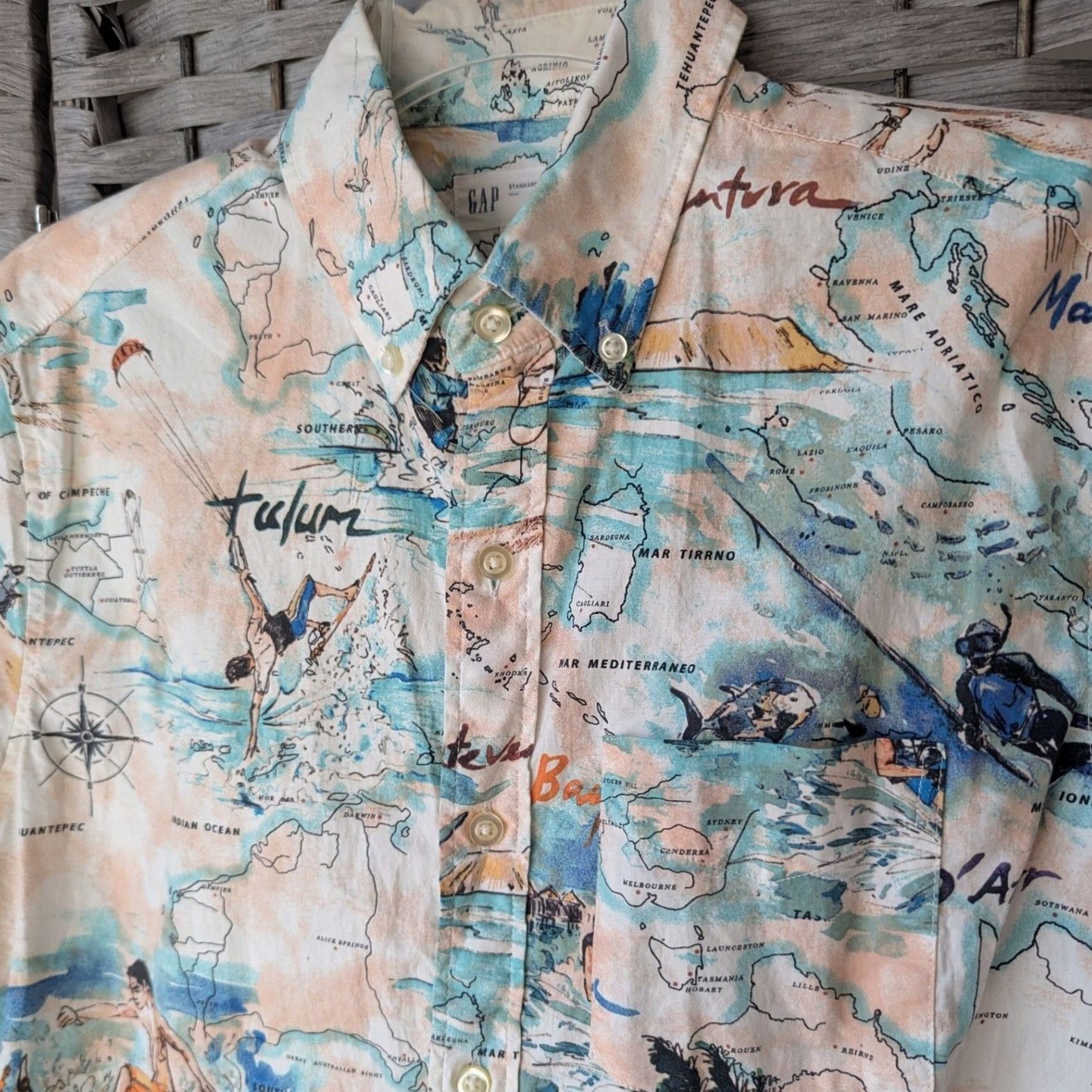 Gap GAP Mens Short Sleeve Button Down Shirt Travel Tulum Map Multicolor S Size US 29 - 2 Thumbnail