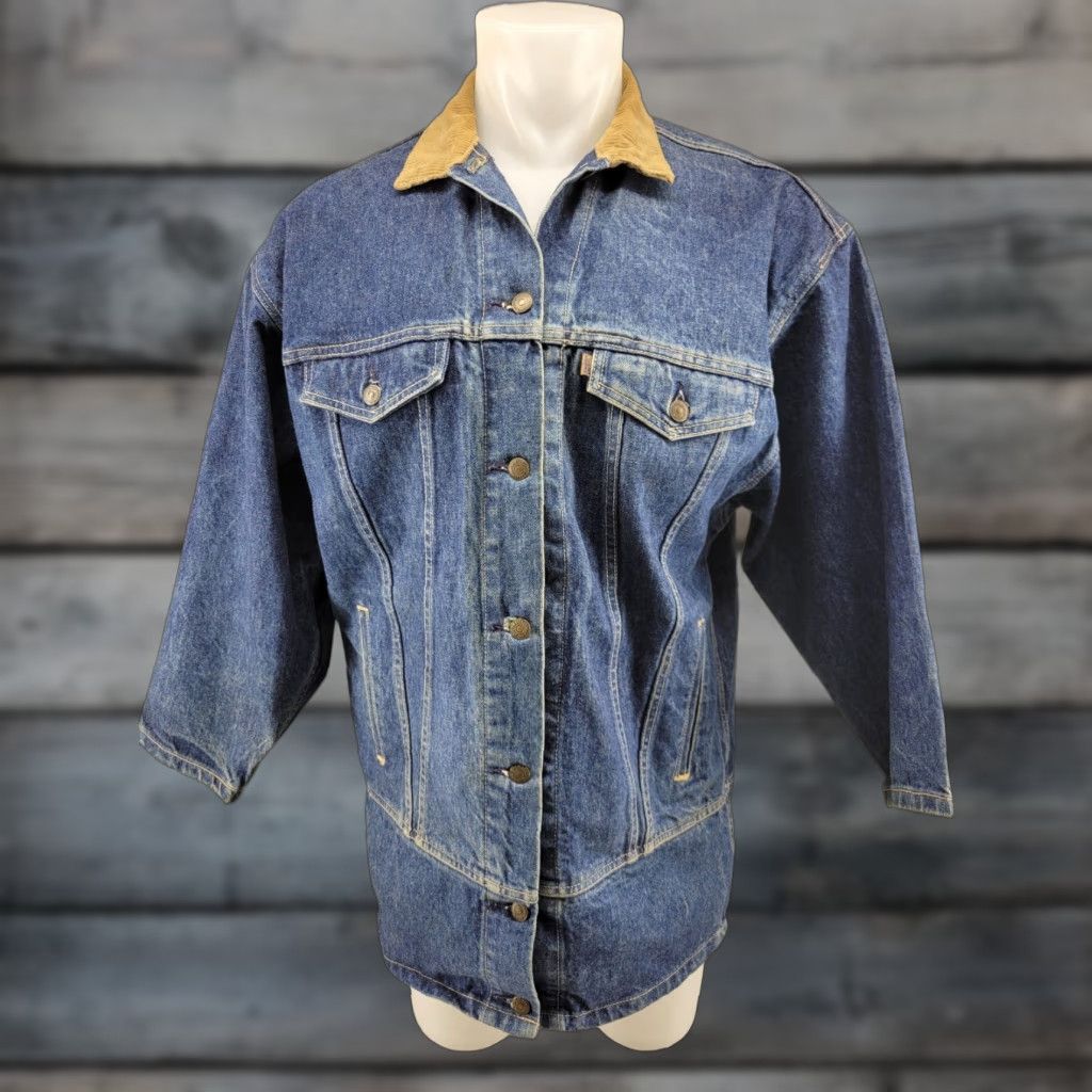 Denime VINTAGE Levis Denim Jacket Jacket Women Long Distressed Collared 77932-7206 Chore Cord Blue Jeans Coat Size M / US 6-8 / IT 42-44 - 1 Thumbnail