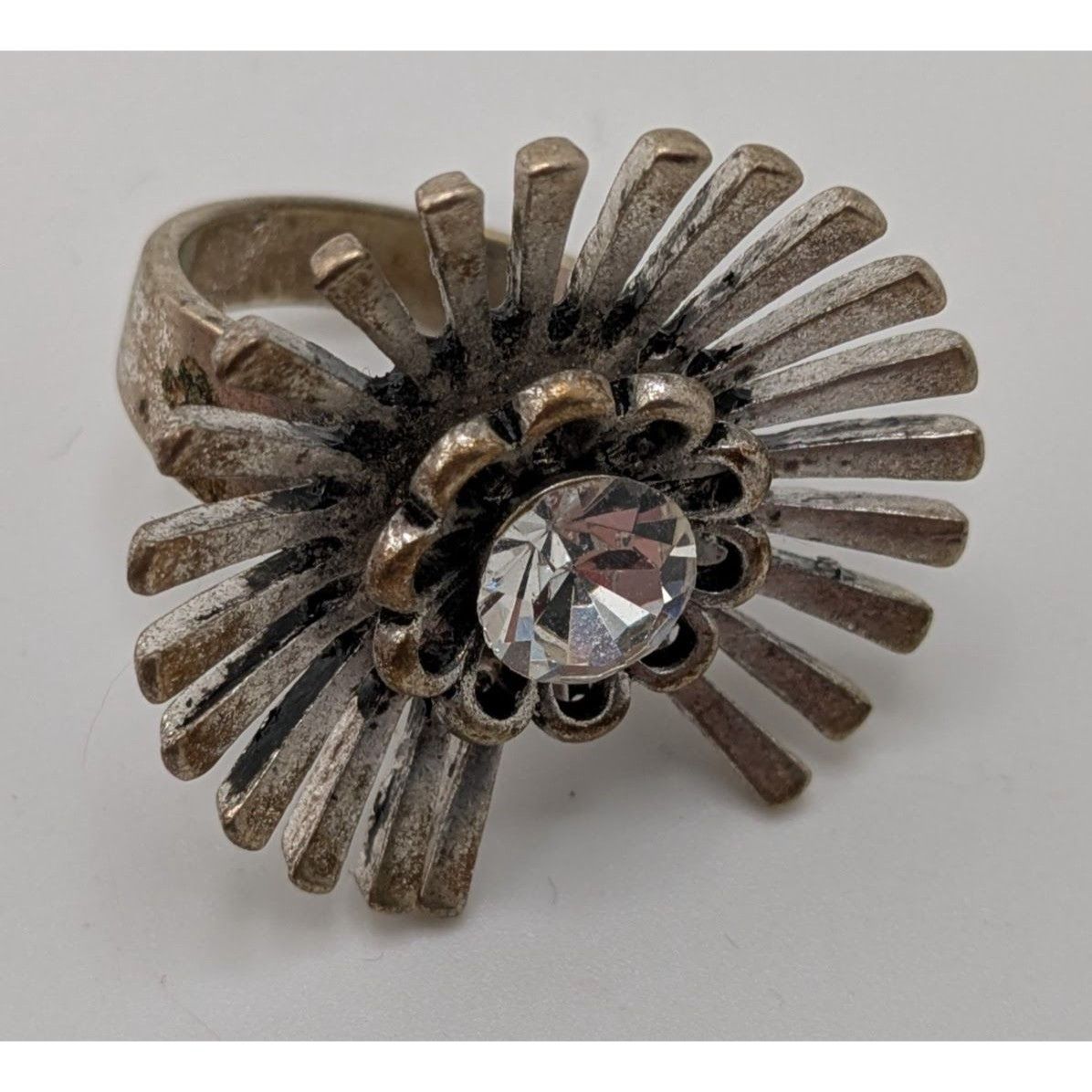Other Vintage Adjustable Silver Tone Sunburst Ring With Rhinestone Size ONE SIZE - 11 Thumbnail