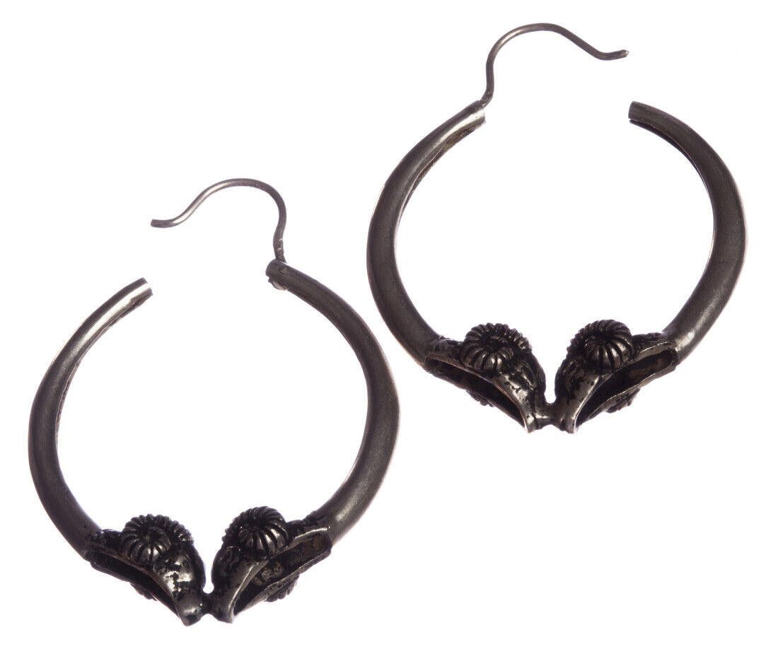 Designer Silver Double Headed Ram Hoop Earrings with Antique Finish Size ONE SIZE - 2 Thumbnail