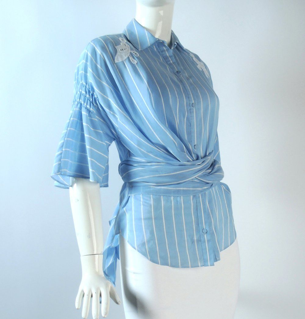 image of Jonathan Simkhai O1Smst1Ft0424 Stripe Tie Blouse In White & Blue in White/Blue, Women's (Size XS)