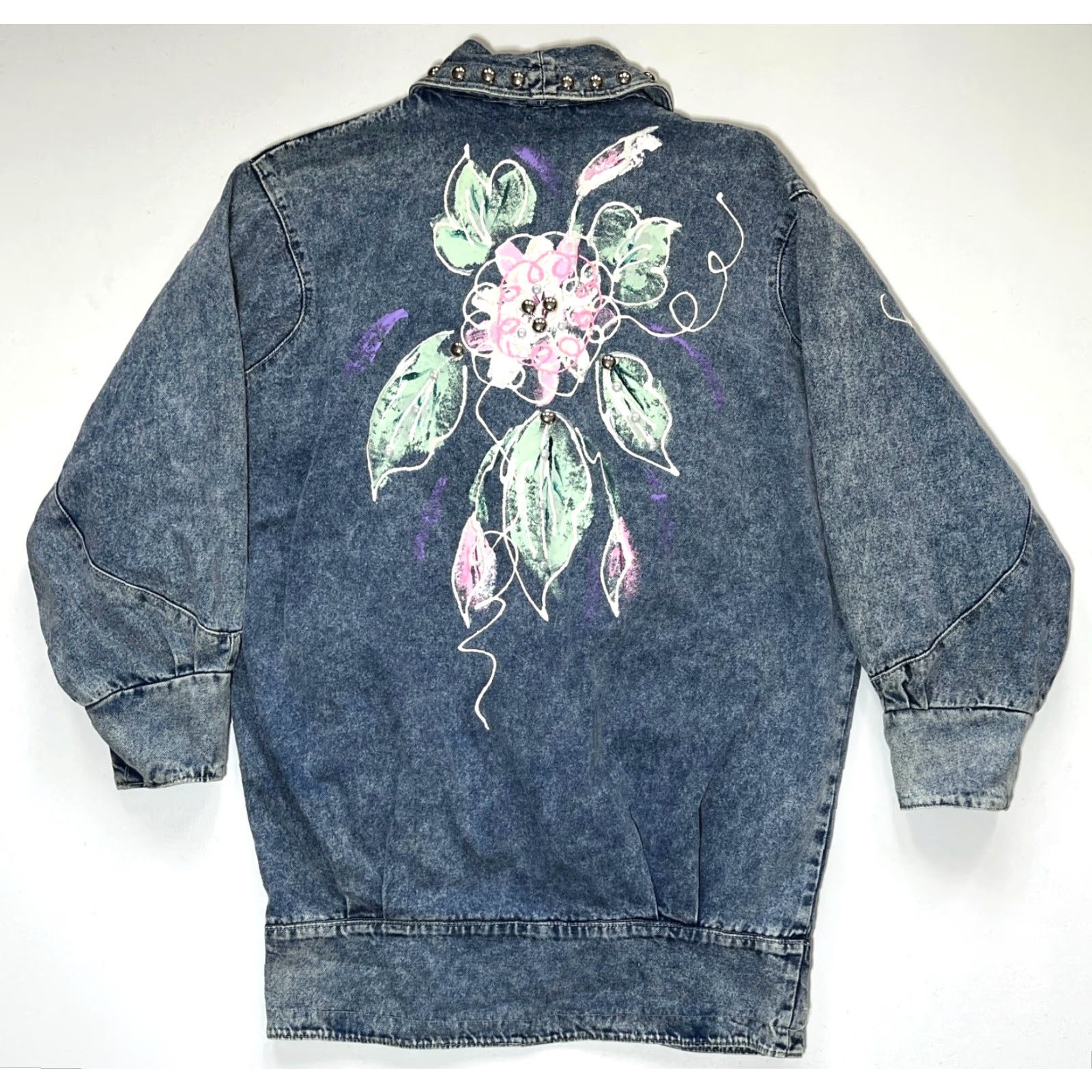 Denime VINTAGE Women's Denim Jacket Americana 80s Floral Blue Sz L Jacket Women 80s Vintage Denim Jacket Americana Floral Pockets Blue 80s Womens Mens Girls Size L / US 10 / IT 46 - 7 Thumbnail
