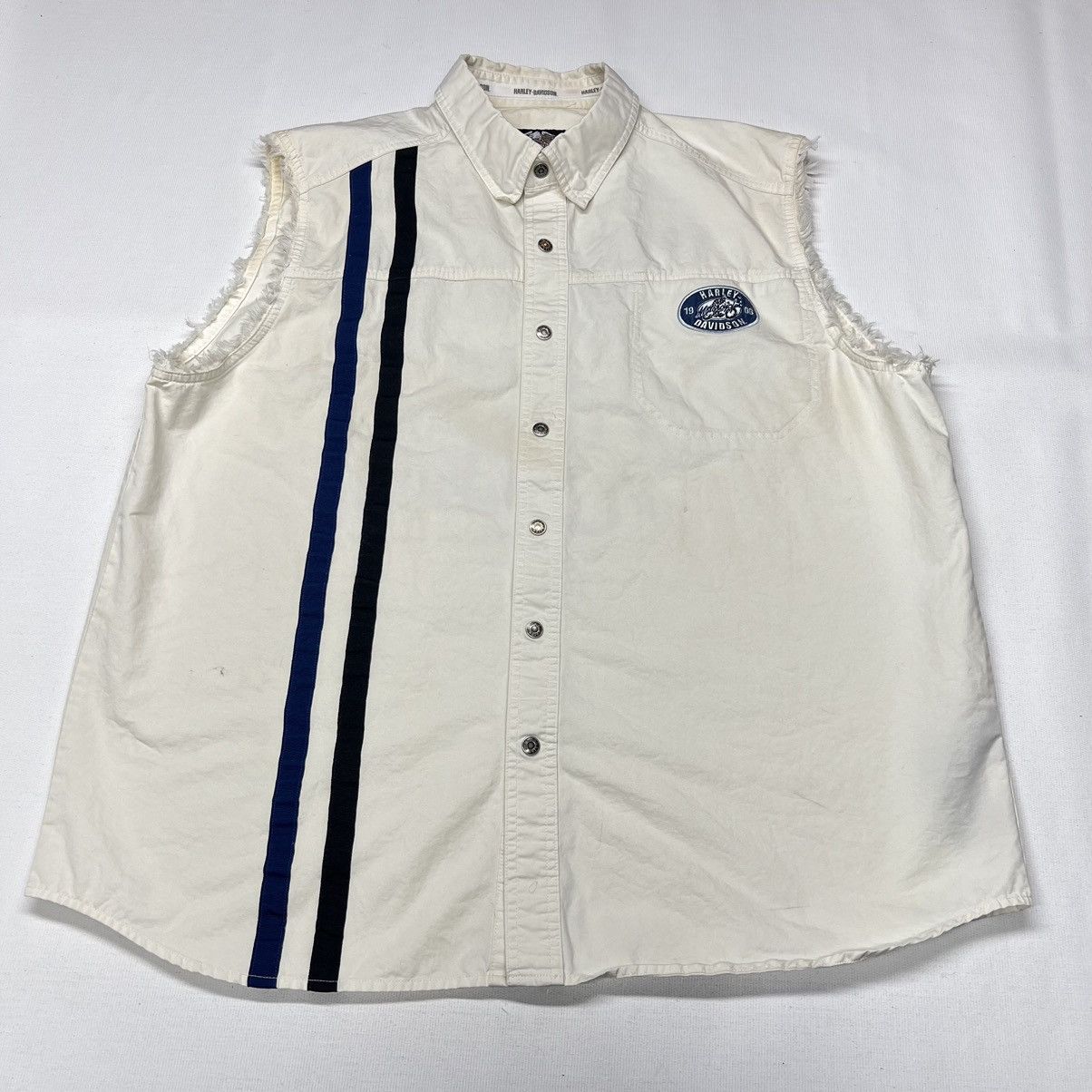 Harley Davidson × Vintage Harley Davidson Button Up Shirt White Cut Off Vest Stripe Size US XXL / EU 58 / 5 - 2 Thumbnail