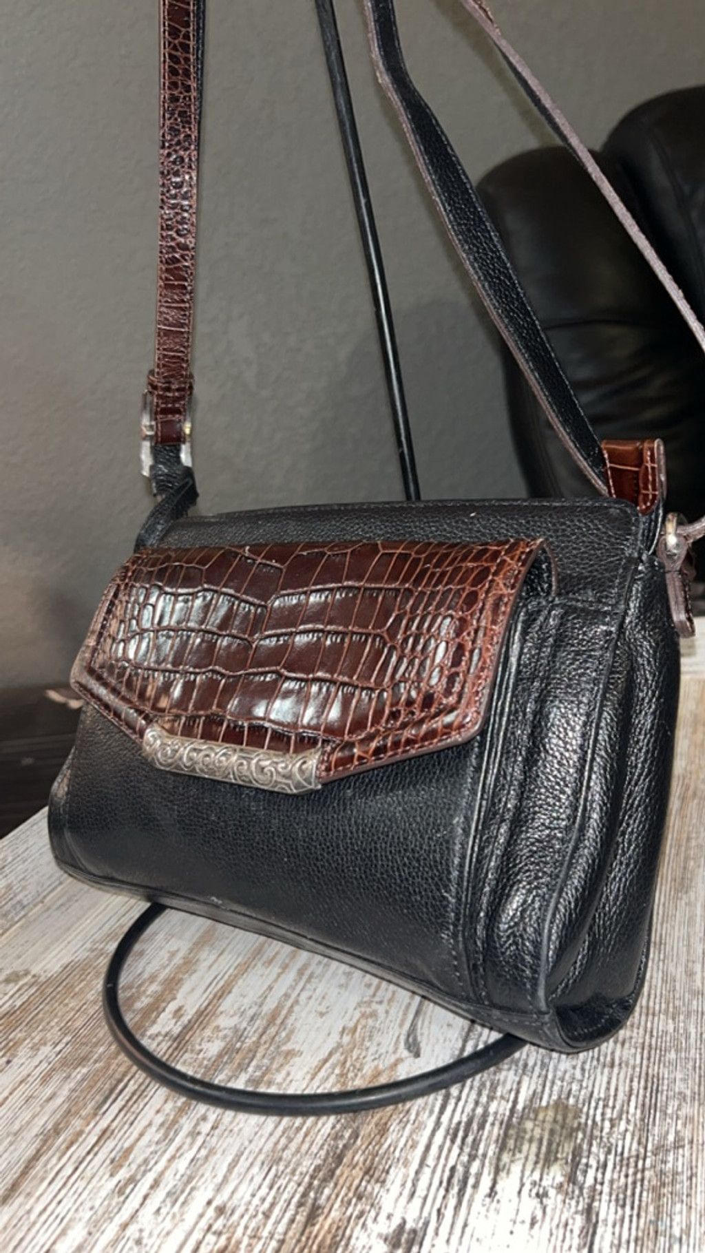 Brighton Women's Brighton Black Brown Croc Embossed Crossbody Bag One Size ONE SIZE - 2 Thumbnail