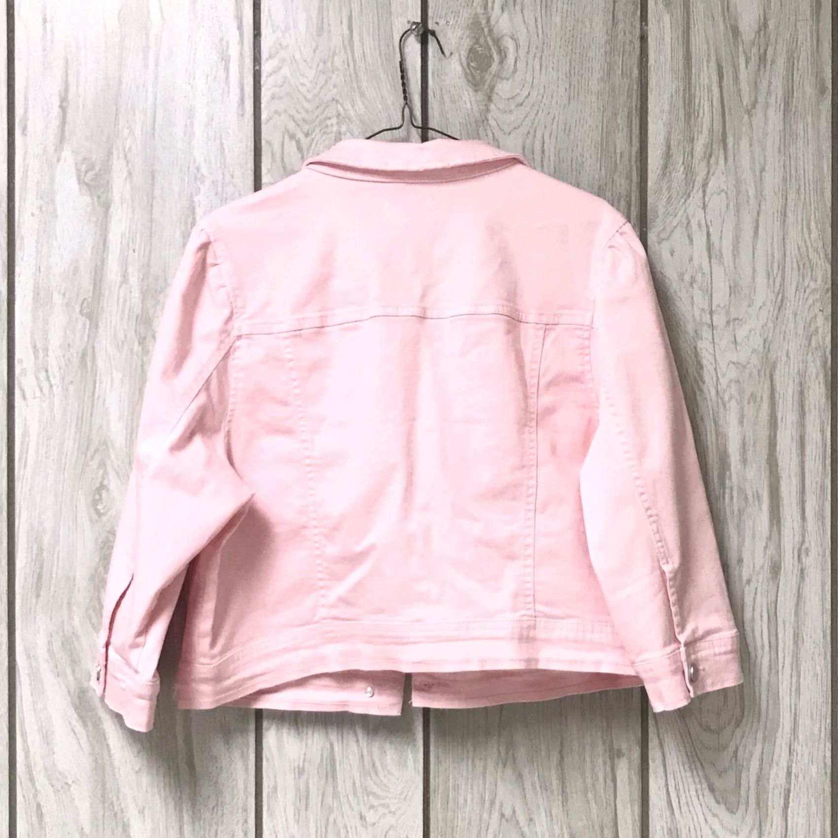 Denime Risen Women Denim Jacket 3/4 Sleeve Cropped Soft Pink XL Button Collared Pocket Stretch Casual Distressed Distressed? Size XL / US 12-14 / IT 48-50 - 2 Thumbnail