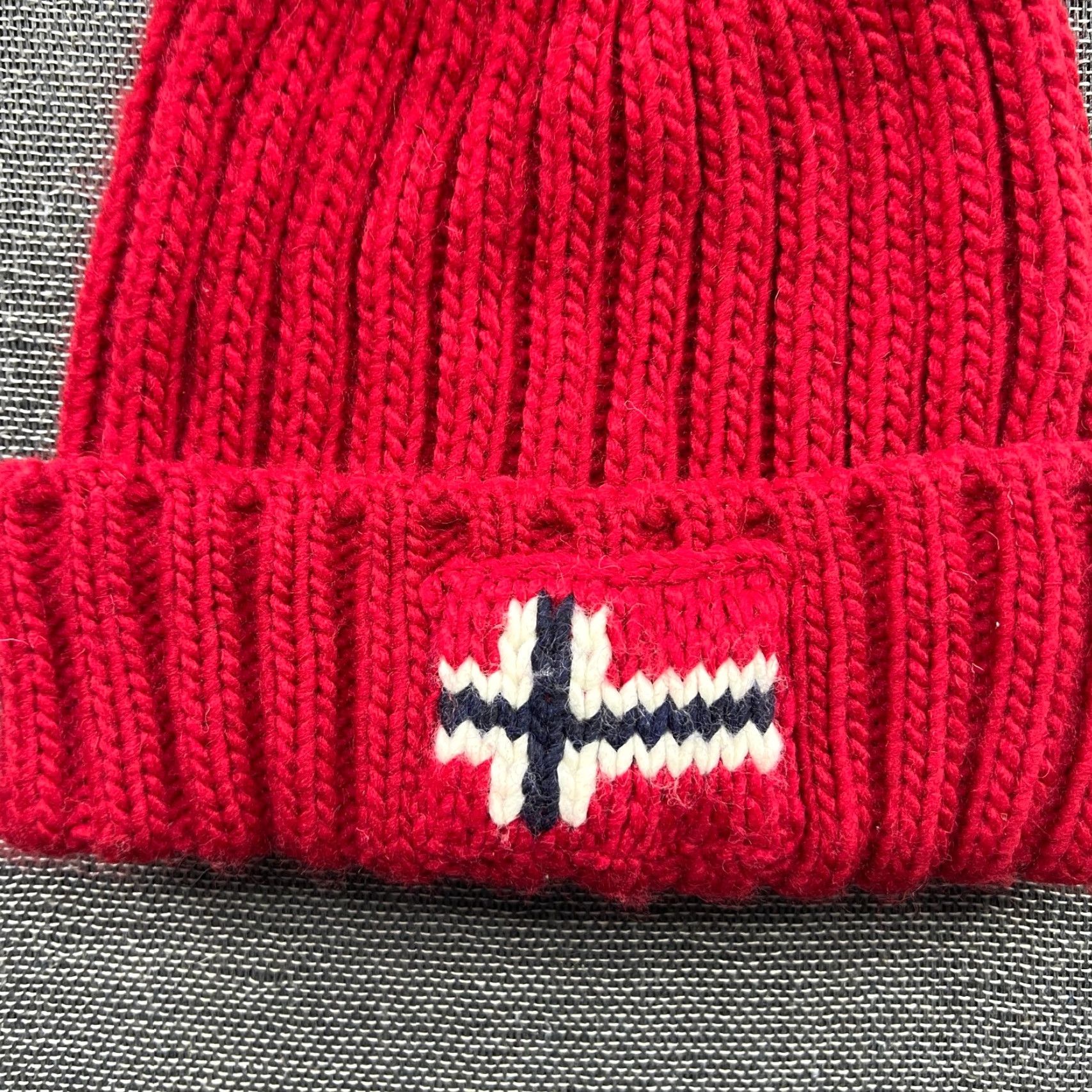 Napapijri Napapijri Beanie Hat One Size OS Red Norway Flag Ribbon Cuffed Pom Pom Knit Unisex Adults Mens Womens Size ONE SIZE - 2 Thumbnail