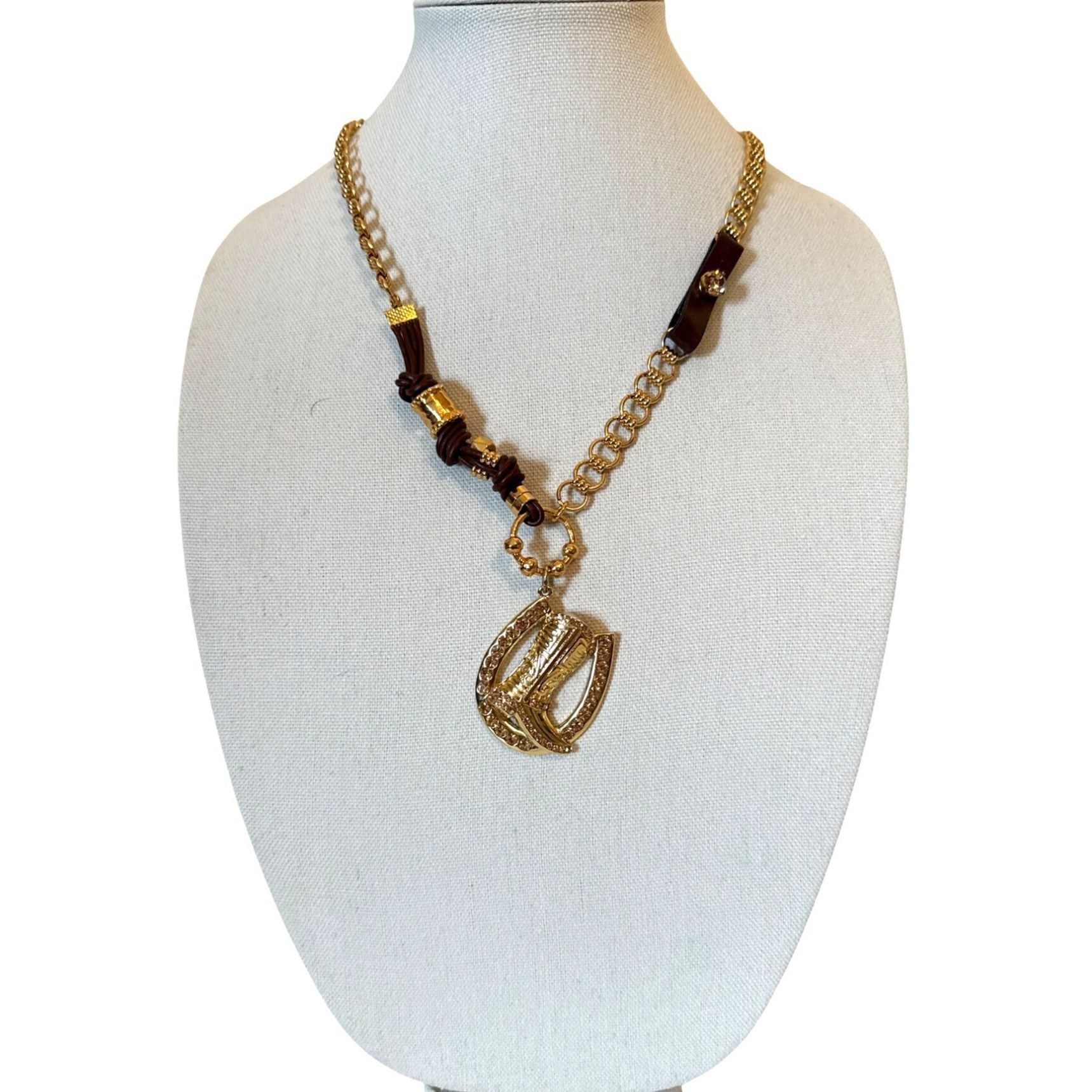 Gold Tone & Brown Leather Rhinestone Cowboy Boot Pendant Nec