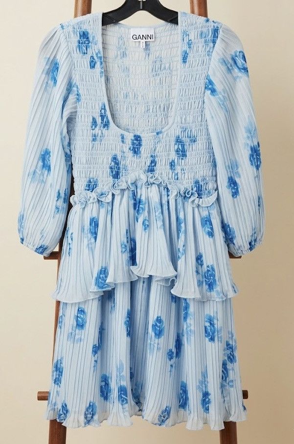 Ganni GANNI Shirred Floral-print Crepe de chine Mini Dress Blue Size XS / US 0-2 / IT 36-38 - 8 Thumbnail