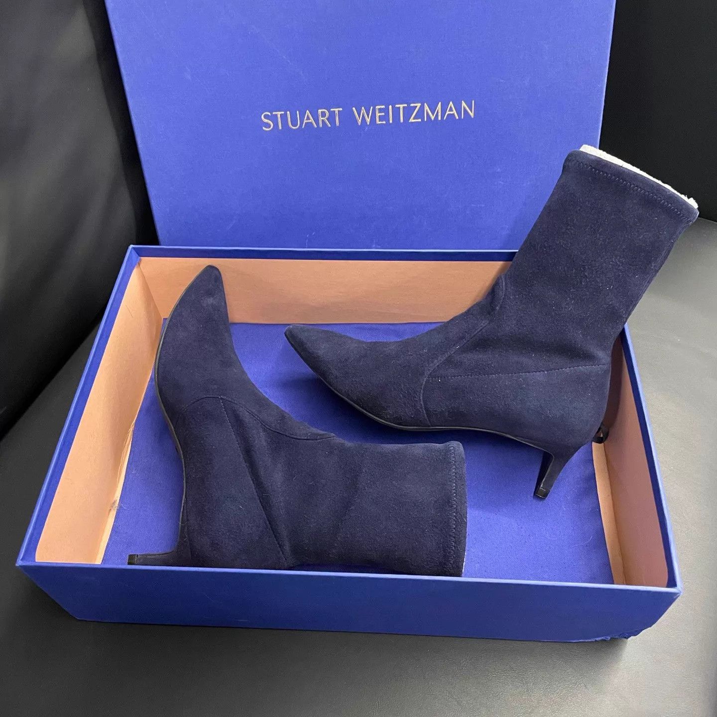 Stuart Weitzman SW Suede Pointed Toe Navy Sock Boot EUR 36.5 Size US 6 / IT 36 - 4 Thumbnail