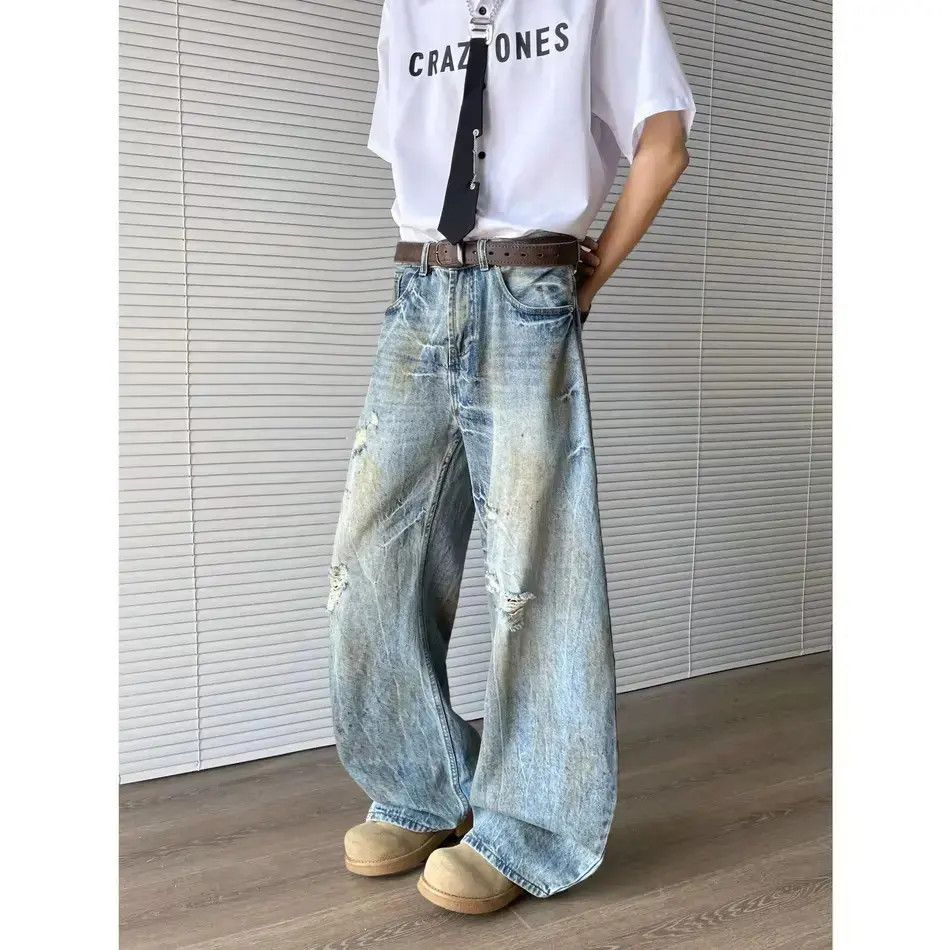 Japanese Brand Retro loose straight leg ripped jeans Size US 32 / EU 48 - 3 Thumbnail