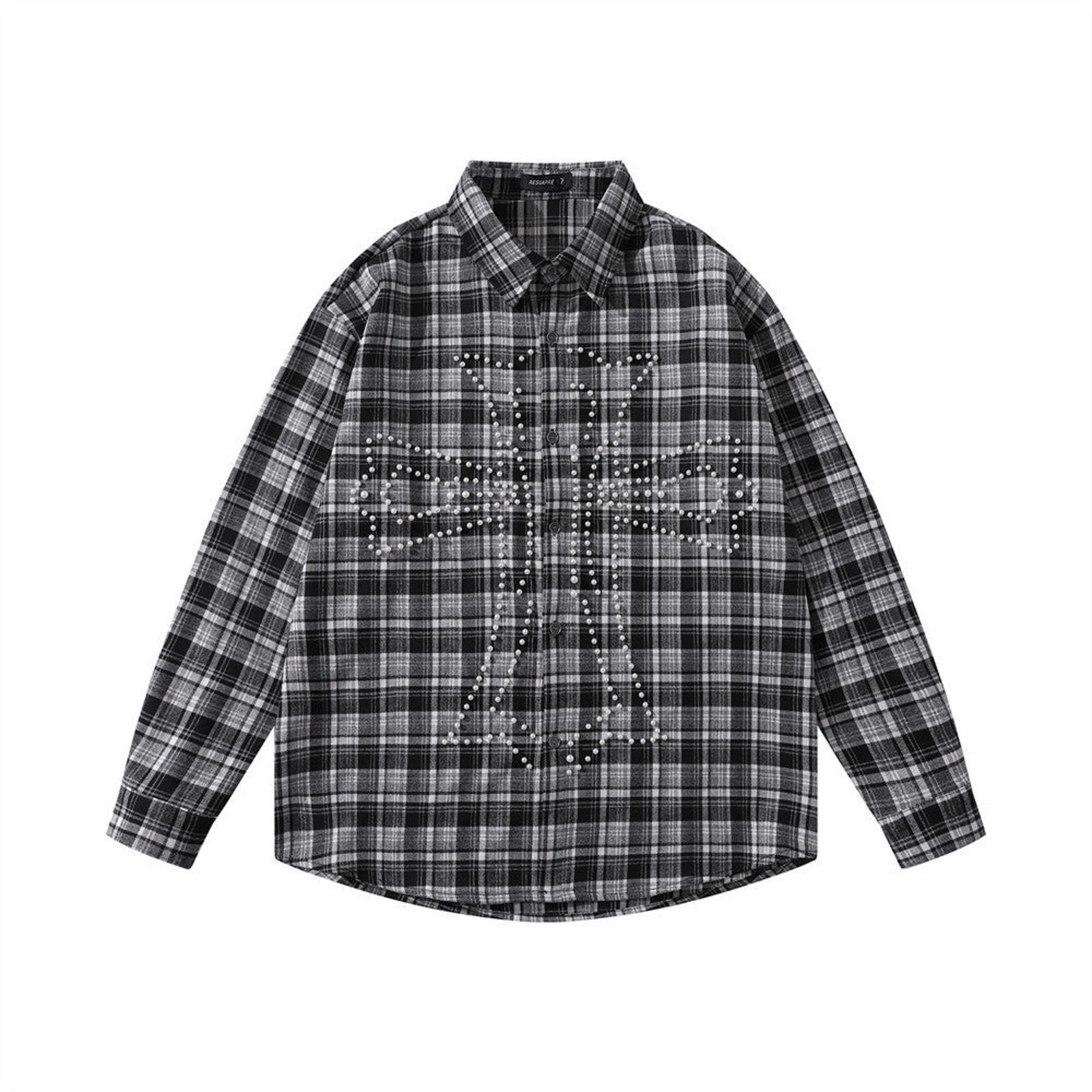 Flannel Gray Plaid Shirt with Pearl Studded Cross Size US M / EU 48-50 / 2 - 2 Thumbnail