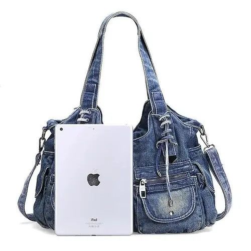 Vintage Y2k Casual Denim Tote Bag Hobo Bag with Pockets Size ONE SIZE - 2 Thumbnail