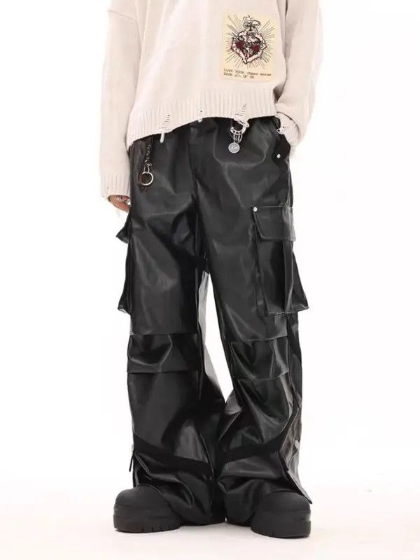 Japanese Brand Vintage Street Punk Pleated Multi-Pocket Leather Pants Size US 32 / EU 48 - 3 Thumbnail